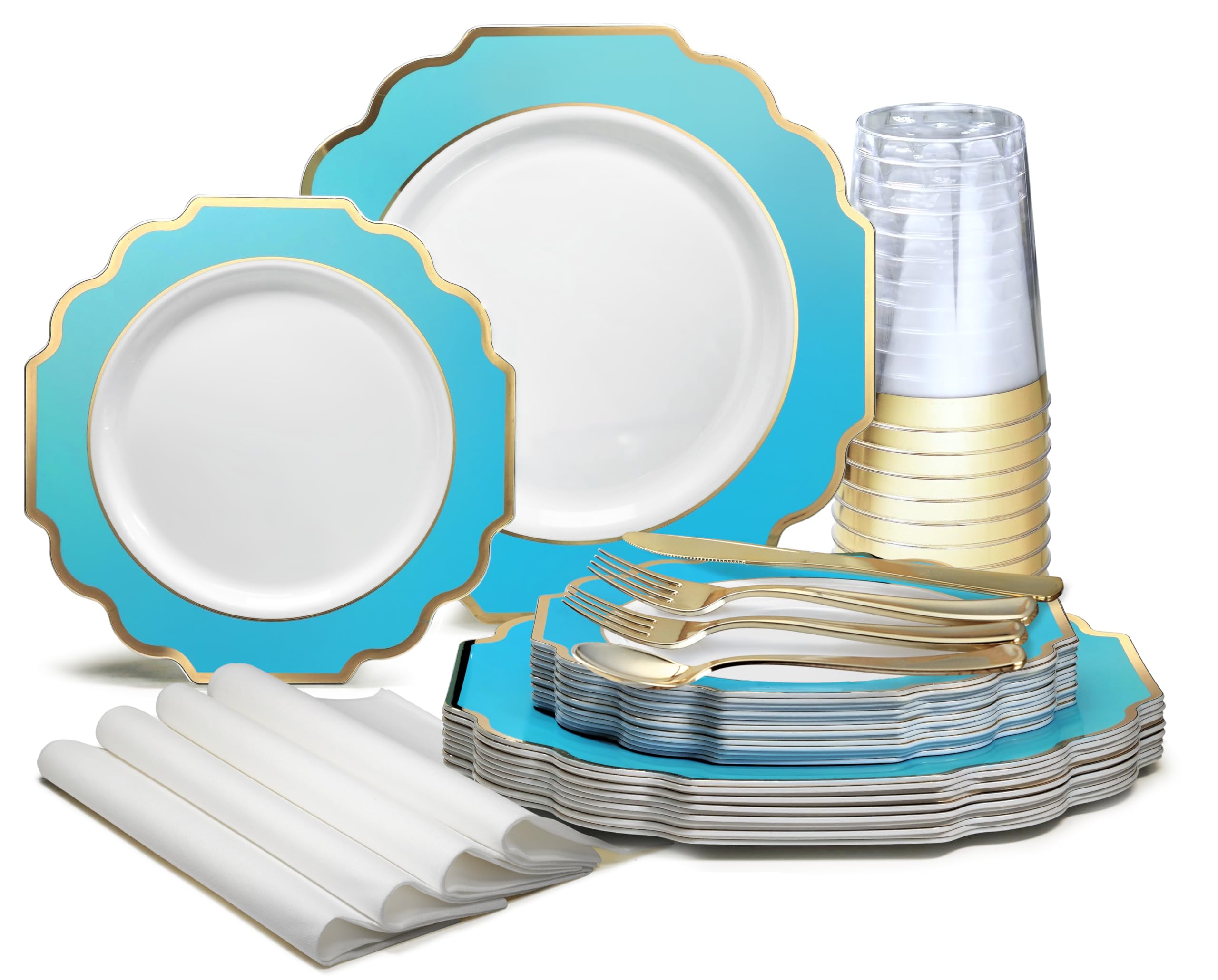 320-Piece Heavyweight Disposable Plastic Plate Set for Weddings & Parties - 40 x 10.5'' Dinner Plates, 40 x 8'' Dessert Plates, Silverware, Cups & Napkins (Imperial Aqua & Gold) - Perfect for Wedding Receptions, Bridal Showers & Large Gatherings