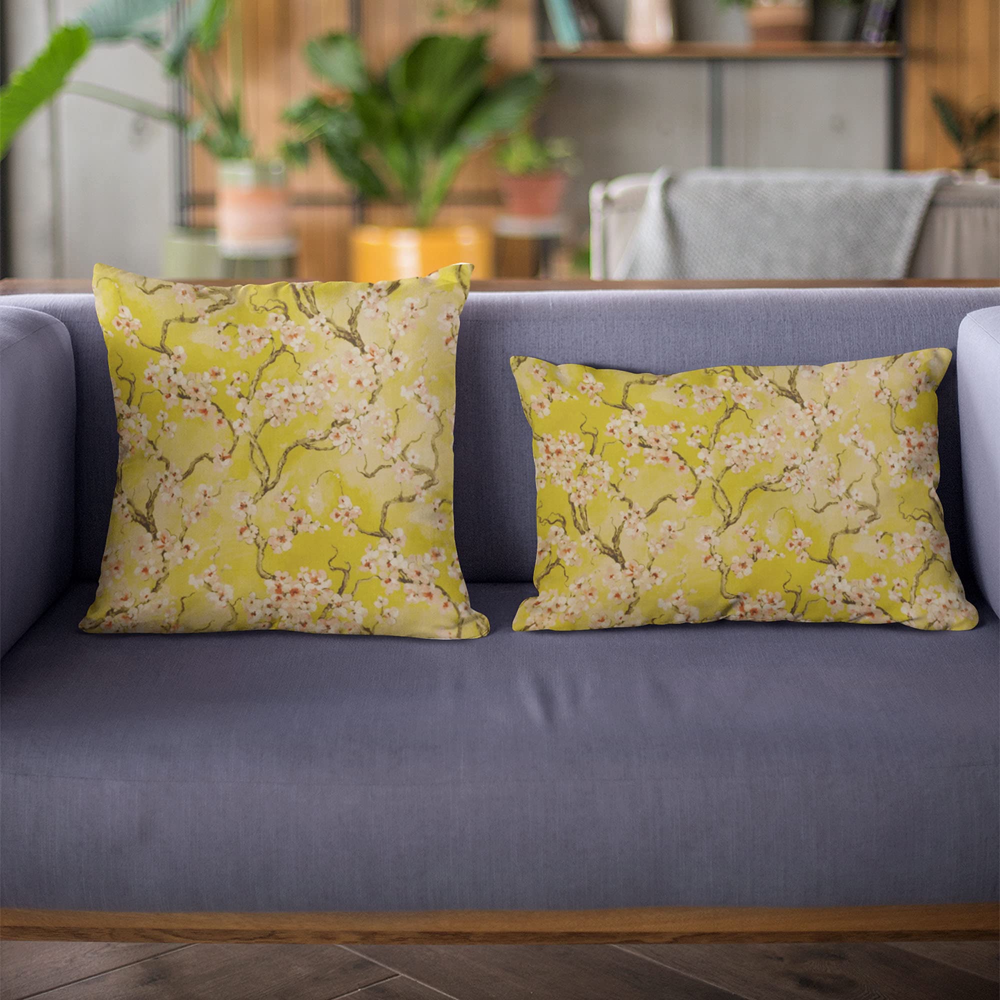 Plutus Brands Luxury Cherry Blossom Printed Throw Pillow - 20x26 Inch Double Sided Decorative Cushion, Soft Polyester with Linen Look in Yellow | Perfect for Sofa, Bedroom & Living Room Decor