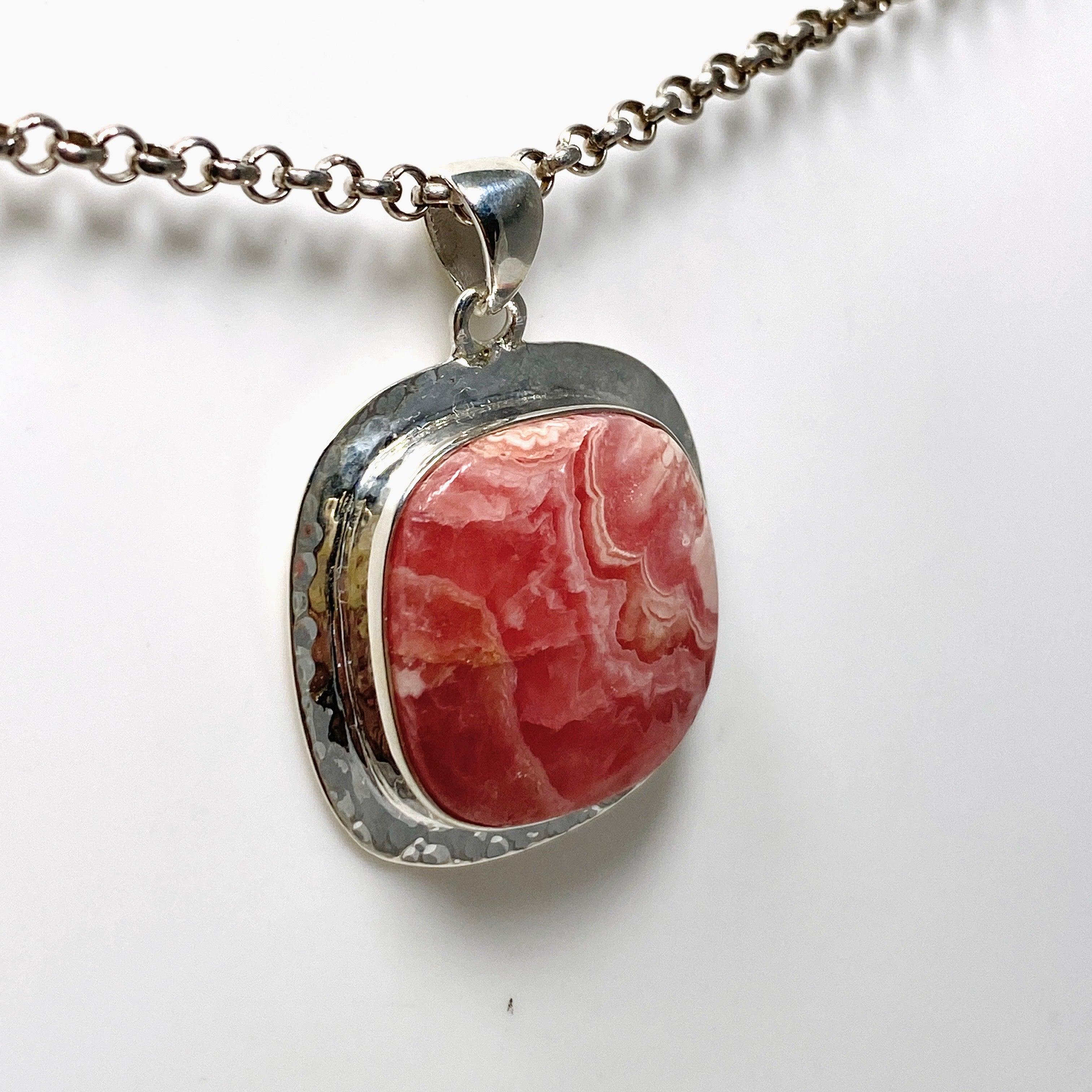 Rhodochrosite Square Pendant Necklace - Handcrafted Hammered Sterling Silver Jewelry KPGJ4323 | Perfect for Gift Giving, Date Nights & Special Occasions