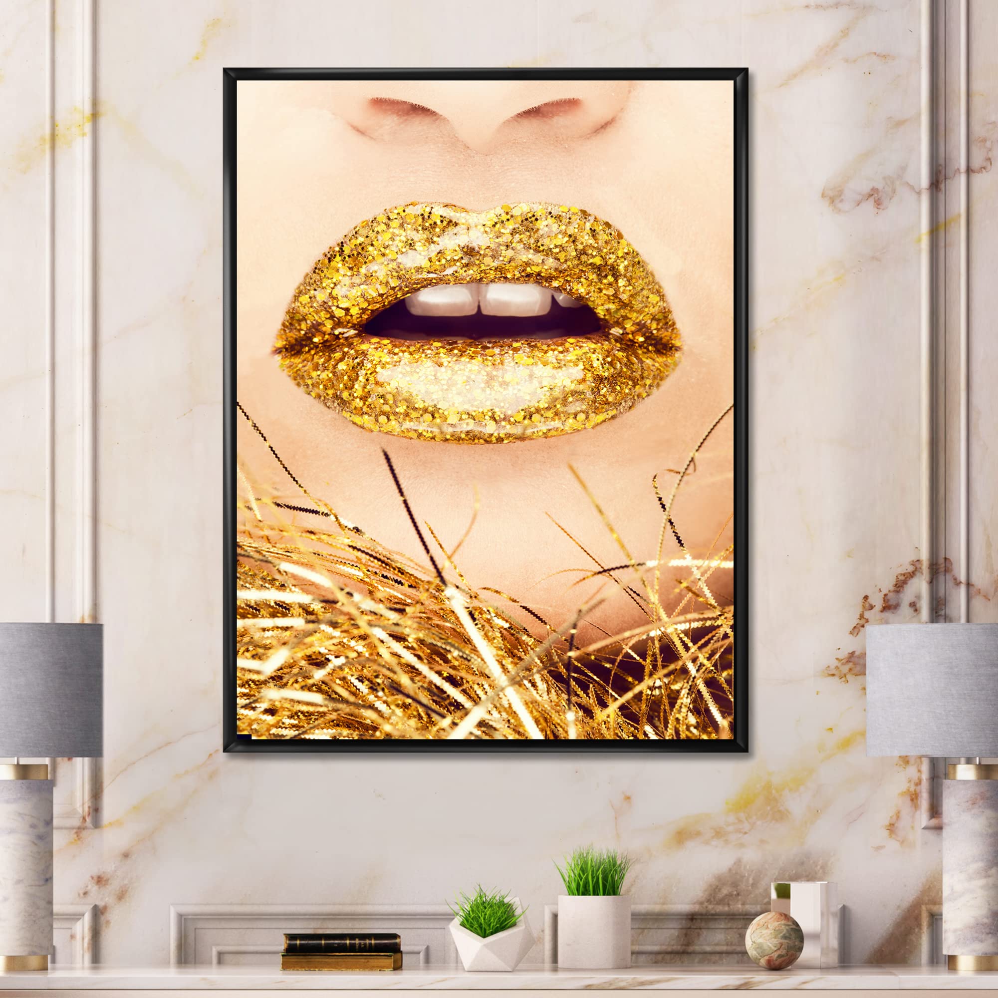 Golden Woman Lips Close-Up - Modern Framed Canvas Wall Art Print for Living Room, Bedroom & Office Decor