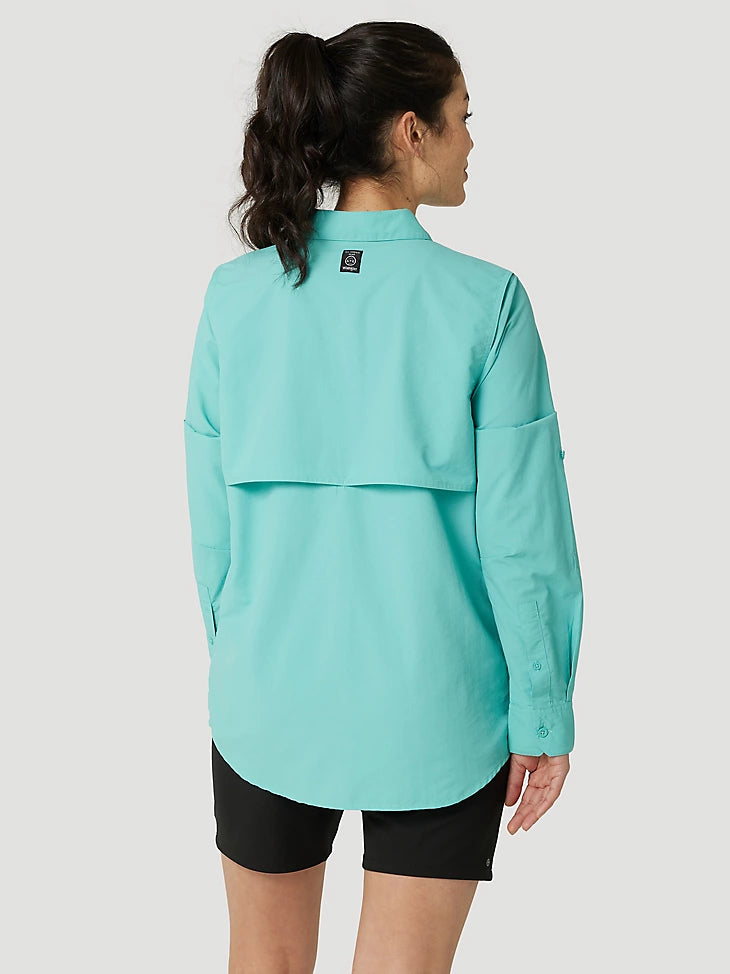 ATG By Wrangler™ Women's Long Sleeve Angler Fishing Shirt - UPF 50+ Sun Protection, Quick-Dry & Breathable - Turquoise Blue for Outdoor Activities, Hiking & Camping