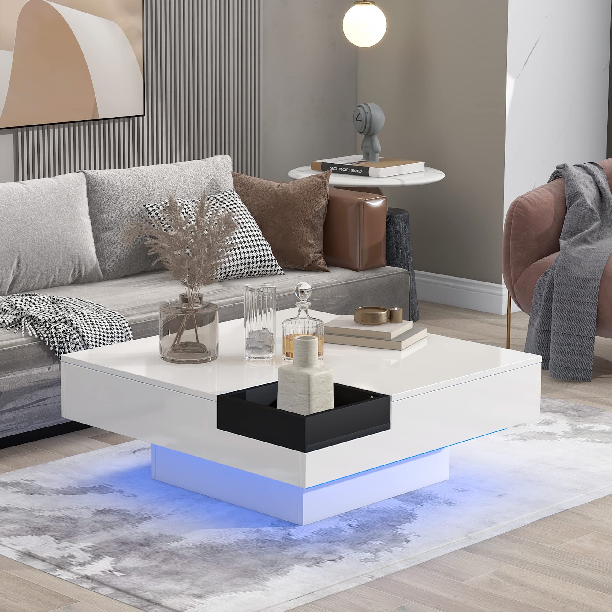 Modern Square Wood Coffee Table with Multi-Color LED Lights & Remote Control - Detachable Functional Tray for Living Room, Office & Waiting Areas - Perfect for Home Decor, Entertainment & Relaxation (White)