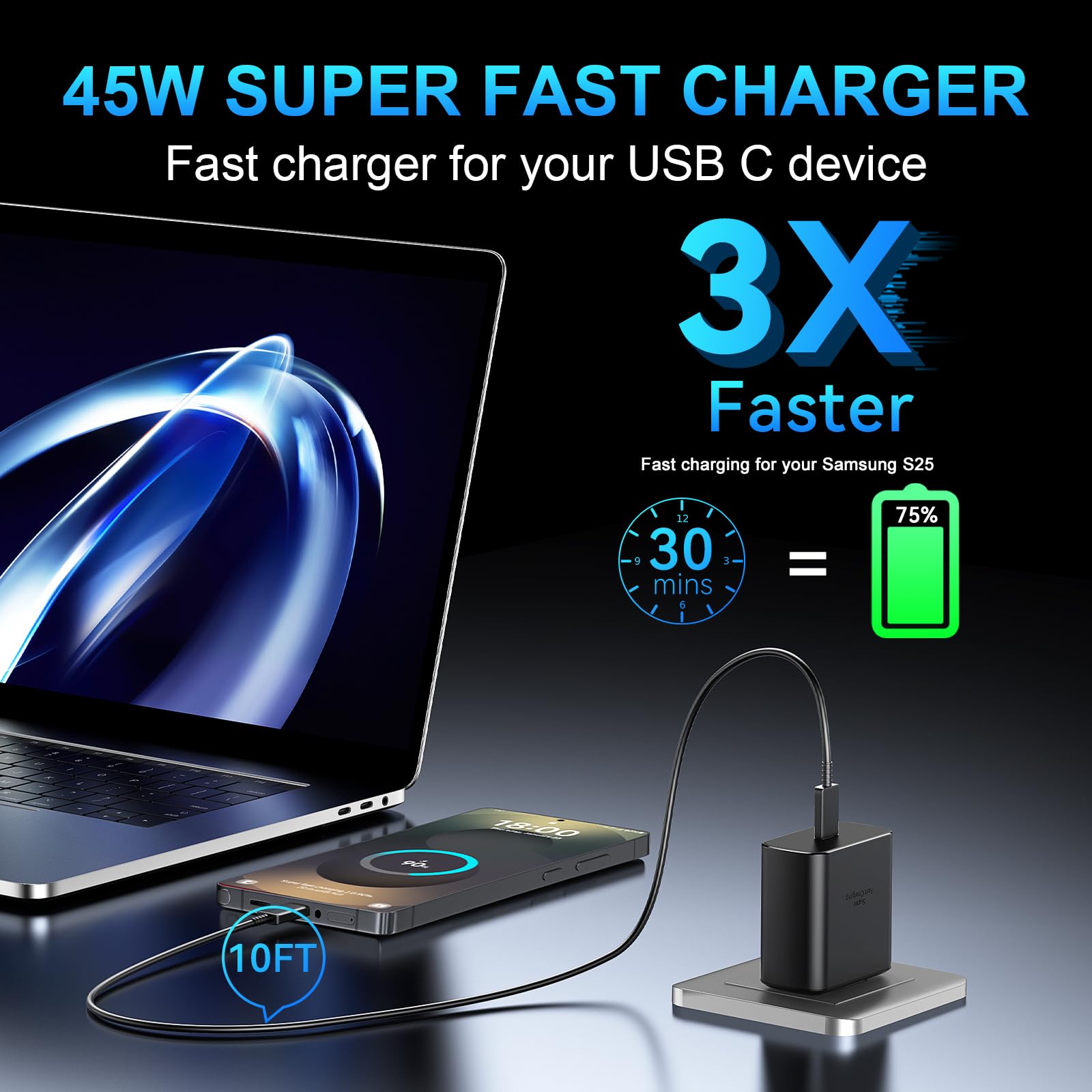 Samsung 45W Super Fast Charger with 10FT USB-C Cable - Fast Charging for Galaxy S25 Ultra/S25/S24/S23/S22 - Perfect for Home, Office & Travel Charging