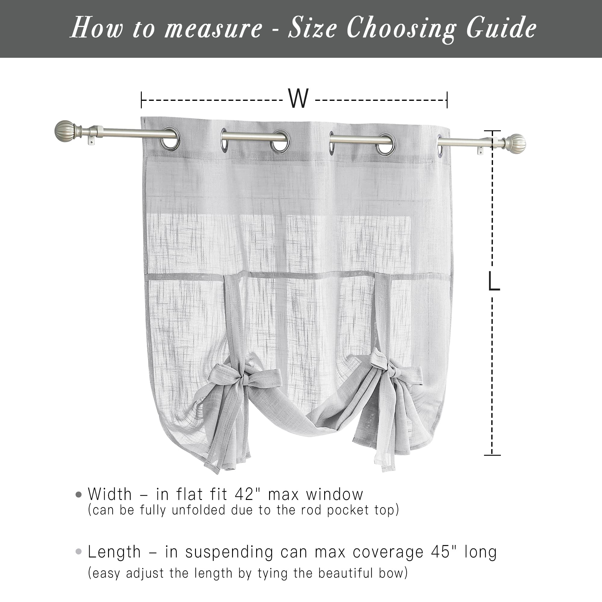 PONY DANCE Light Filtering Sheer Bathroom Curtains - Adjustable Tie-Up Roman Shades for Small Windows (42