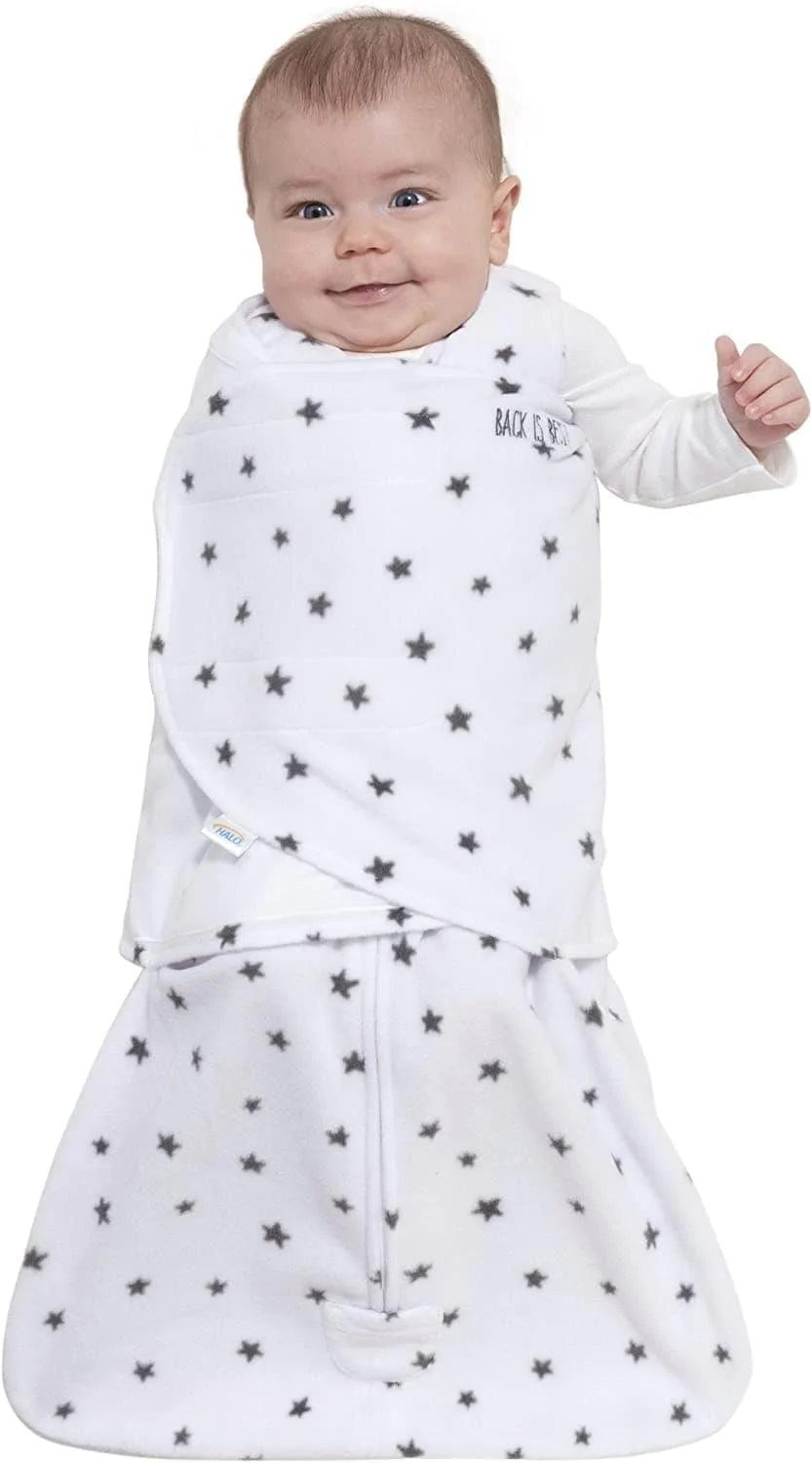 Halo Micro Fleece Sleepsack Swaddle (3.0 TOG) - Charcoal Stars - Ultra Soft Baby Swaddle Blanket for Newborns & Infants - Perfect for Nursery, Bedtime & Winter Sleepwear