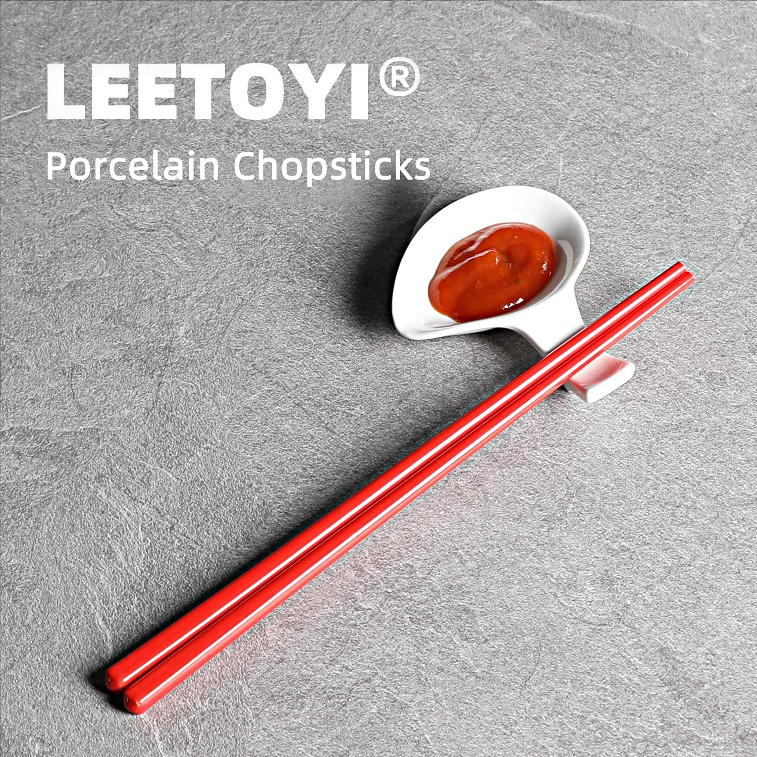 LEETOYI 5-Piece Ceramic Chopsticks Set - 9.6 Inch Porcelain Chinese Chopsticks for Sushi, Noodles & Asian Cuisine - Dishwasher Safe & Easy to Clean - Elegant Red Tableware for Home & Restaurant Use