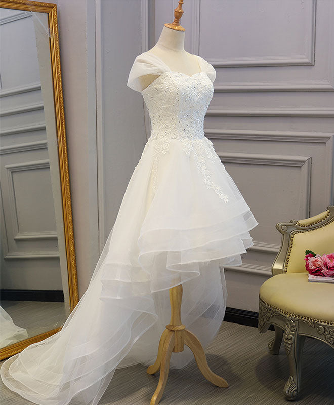 Elegant White Lace Tulle High-Low Long Wedding Dress for Brides - Perfect for Beach Weddings, Garden Ceremonies & Romantic Photos
