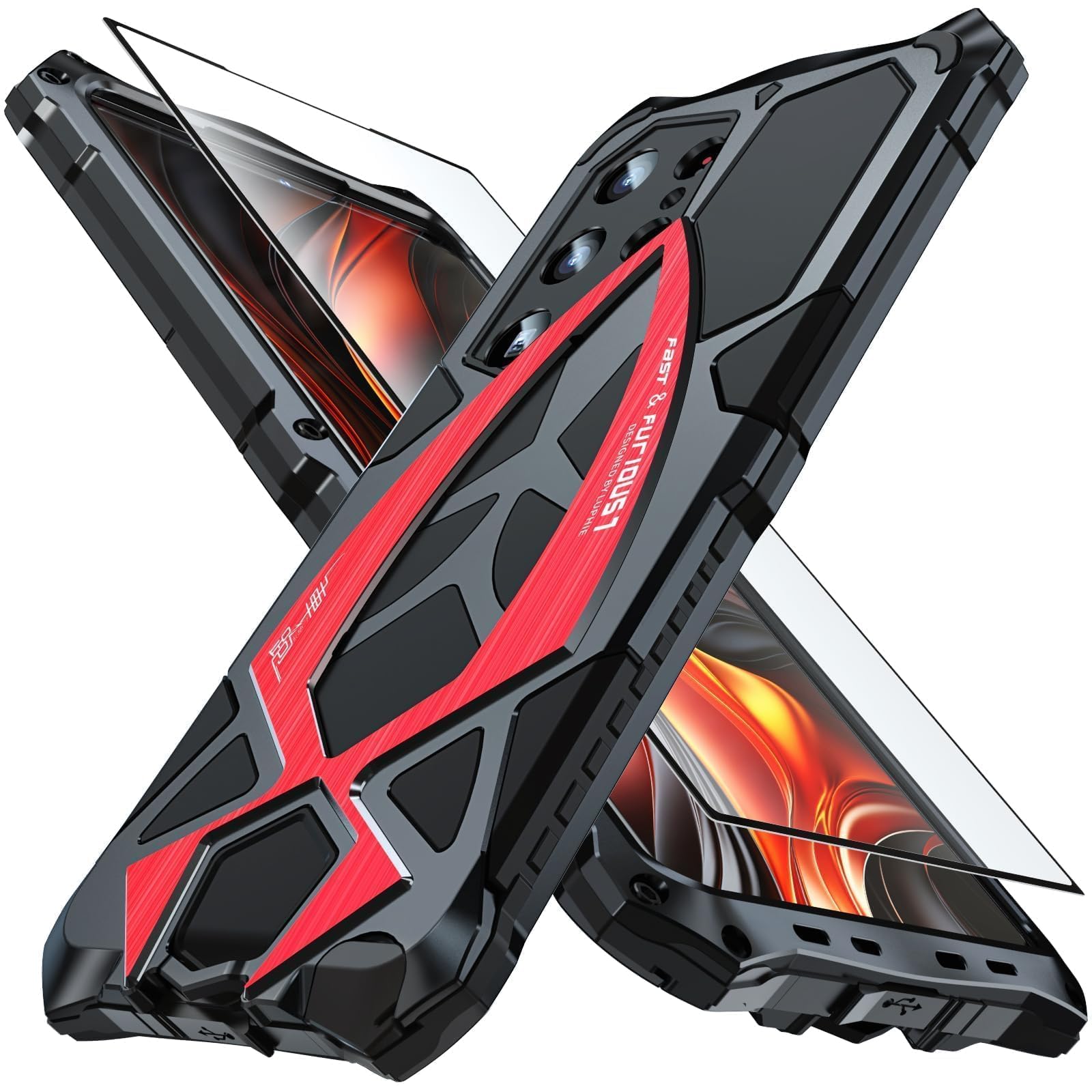 Military Grade Armor Phone Case for Samsung Galaxy S24 Ultra - Heavy Duty Hybrid Metal Bumper with Built-in Silicone Shockproof & Dustproof Protection (Black + Red) | Perfect for Outdoor, Construction, and Extreme Sports Use