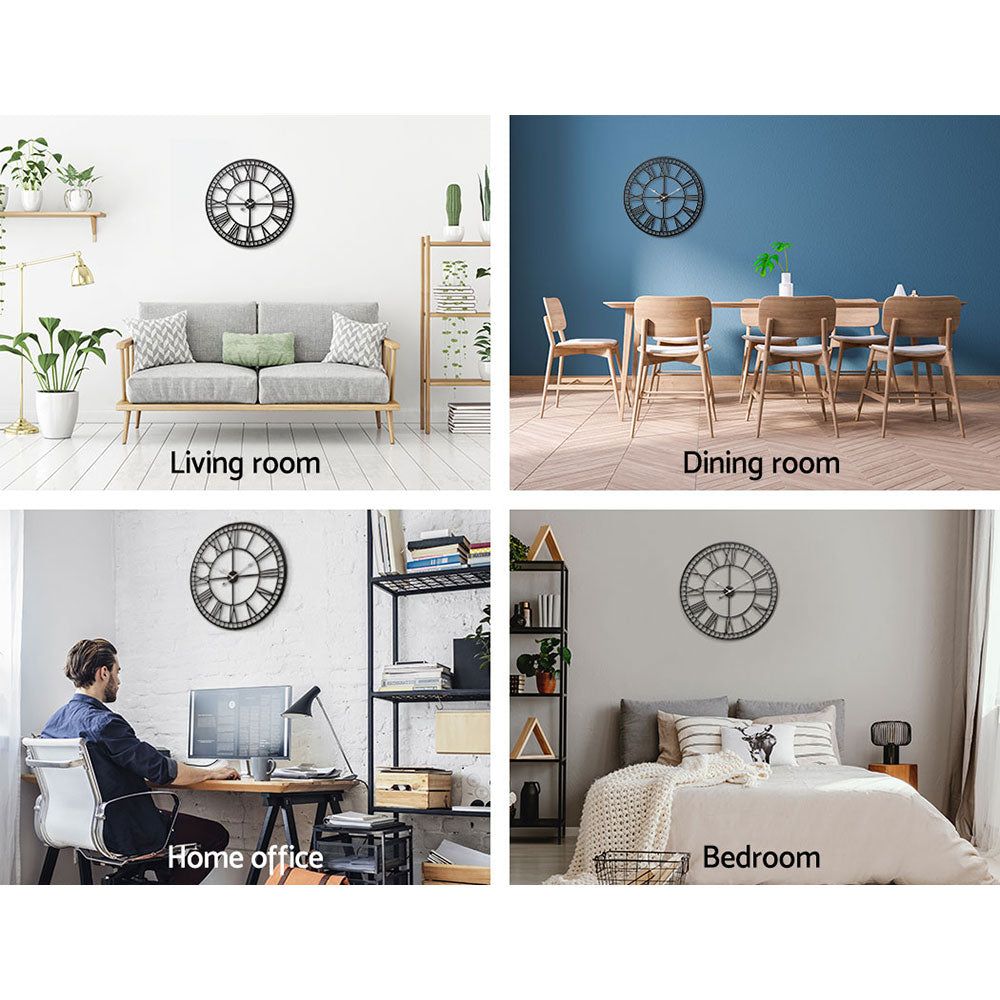 Artiss 60CM Large Round Wall Clock with Roman Numerals - Elegant Metal Luxury Home Decor in Black - Perfect for Living Room, Bedroom & Office