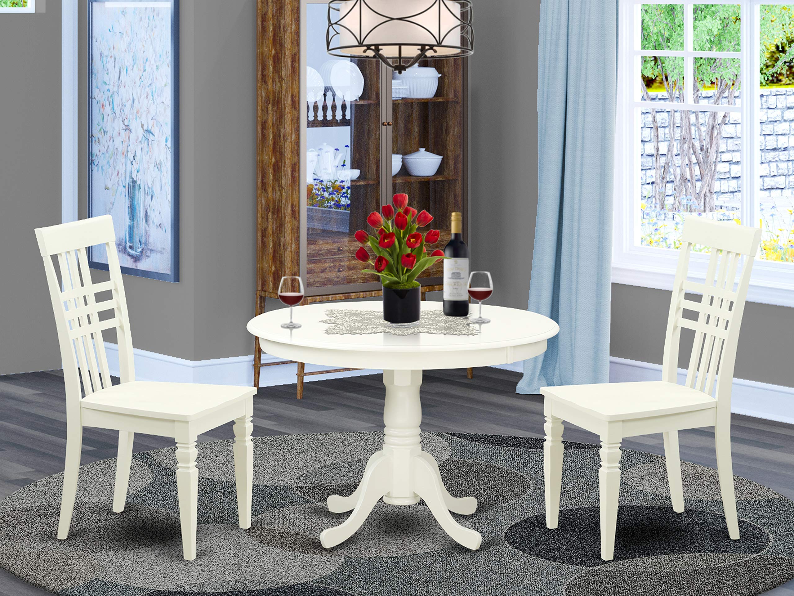 3-Piece Round Small Table and 2 Wood Dinette Chairs Set in Linen White - Perfect for Kitchen, Breakfast Nook or Small Dining Space