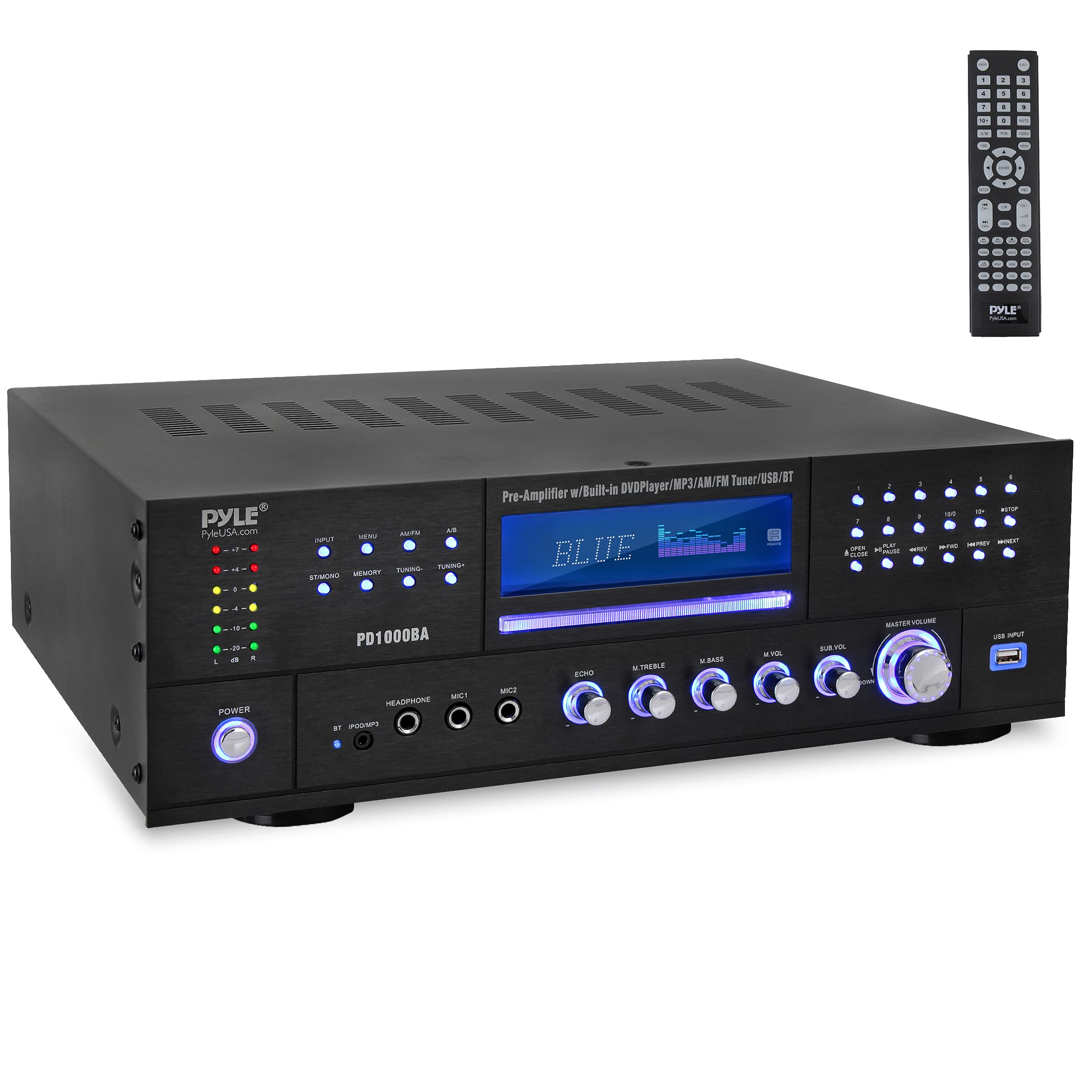 Pyle 4-Channel 1000W Bluetooth Power Amplifier - Wireless Home Audio Receiver with FM Radio, USB, CD/DVD Player, 2 Mic Inputs with Echo, Headphone Jack & LED Display - Perfect for Home Theater, Karaoke, DJ Setup & Live Performances