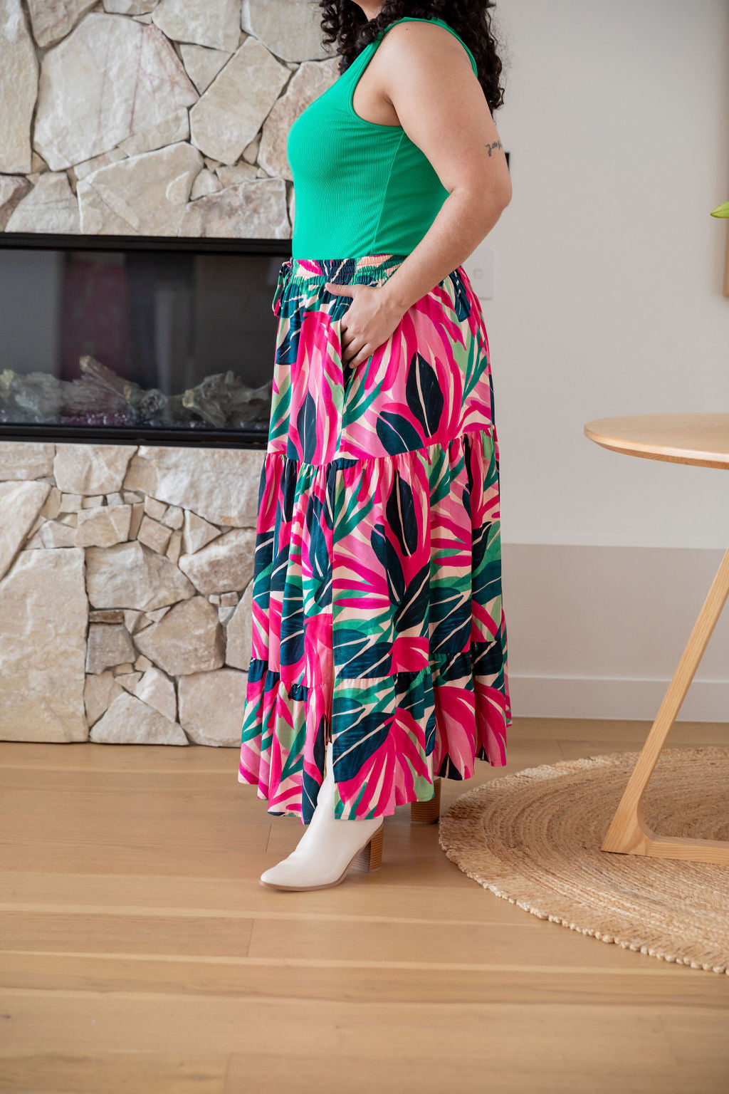 Carrie Skirt in Jungle Pink - Women's Floral A-Line Midi Skirt with Pockets | Perfect for Spring Outfits, Office Wear & Casual Dates