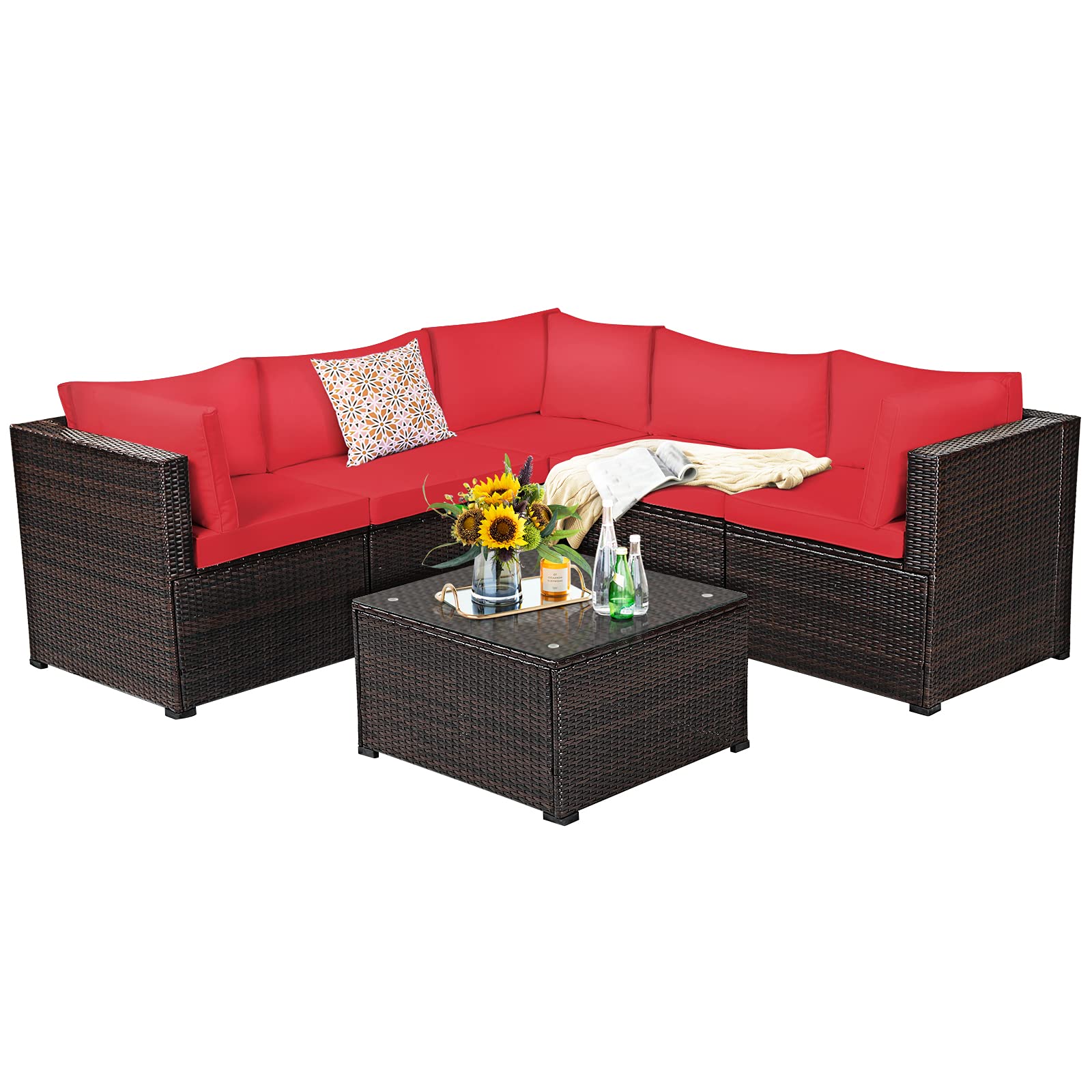 Tangkula 6-Piece Outdoor Patio Furniture Set - Rattan Wicker Sofa Sectional with Tempered Glass Coffee Table & Cushions - Red Conversation Set for Backyard, Garden, Balcony, Poolside - Perfect for Relaxing, Entertaining & Outdoor Gatherings