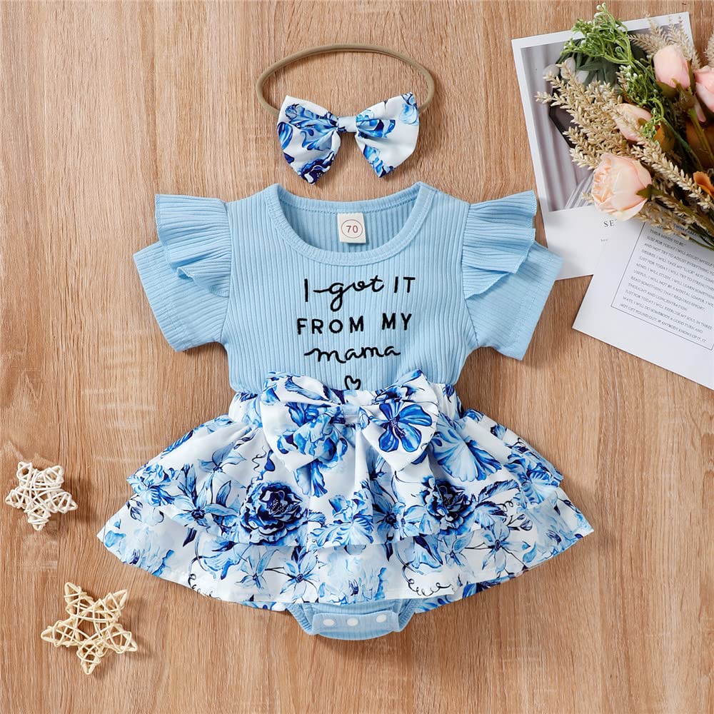 Floral Letter Print Baby Girl Romper Dress with Ruffle Short Sleeves & Bow Headband - Newborn Summer Outfit Set for Photoshoots, Parties & Daily Wear