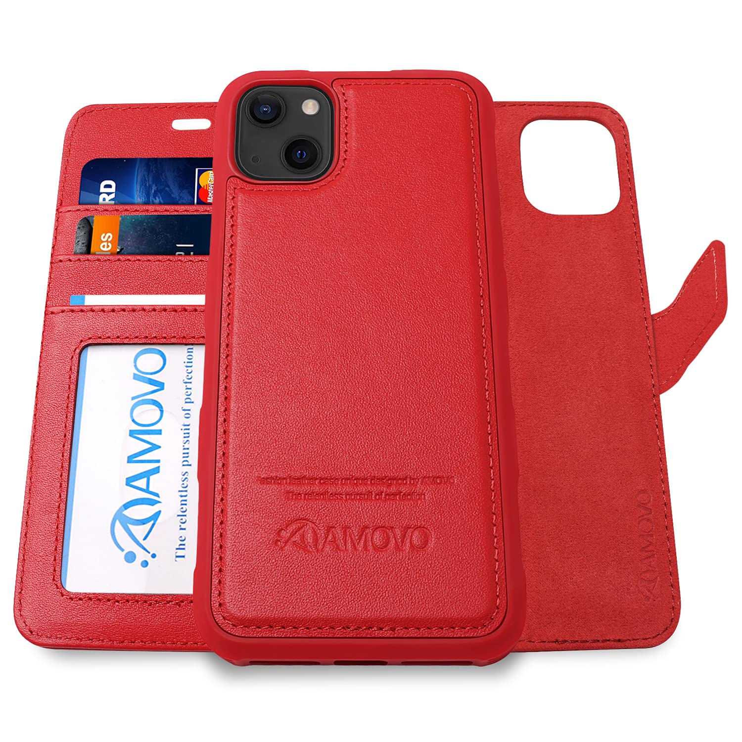AMOVO Genuine Leather Wallet Case for iPhone 13 - Detachable Magnetic Flip Cover with Wrist Strap & Wireless Charging Support | Premium Real Leather Protective Phone Case (Red) | Perfect for Business, Travel & Everyday Use