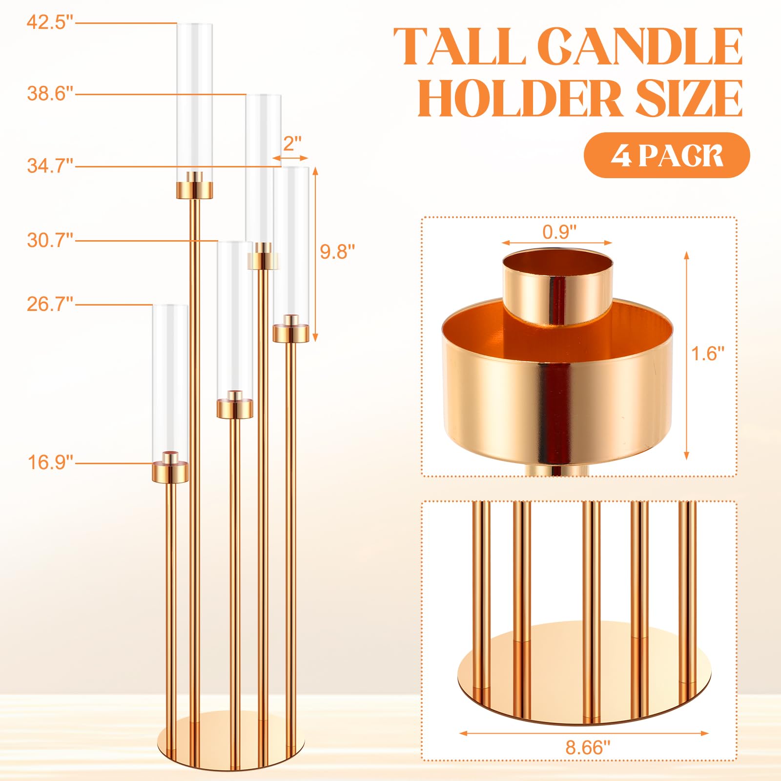 Tessco 4-Piece 42.5'' Tall Gold Metal Floor Candelabra Set with 5 Arms & Acrylic Lampshades - Elegant Candle Holders for Wedding Centerpieces, Party Decor, and Home Decoration - Perfect for Dining Tables, Living Rooms, and Special Events