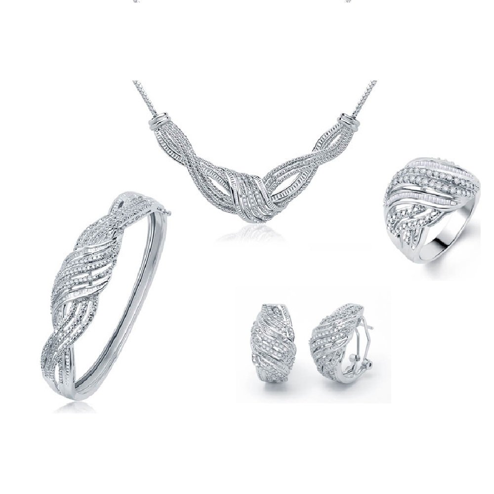2.00 Carat Diamond Swirl 4-Piece Sterling Silver Jewelry Set for Women (Ring Size 7) - Perfect for Weddings, Anniversaries & Special Occasions