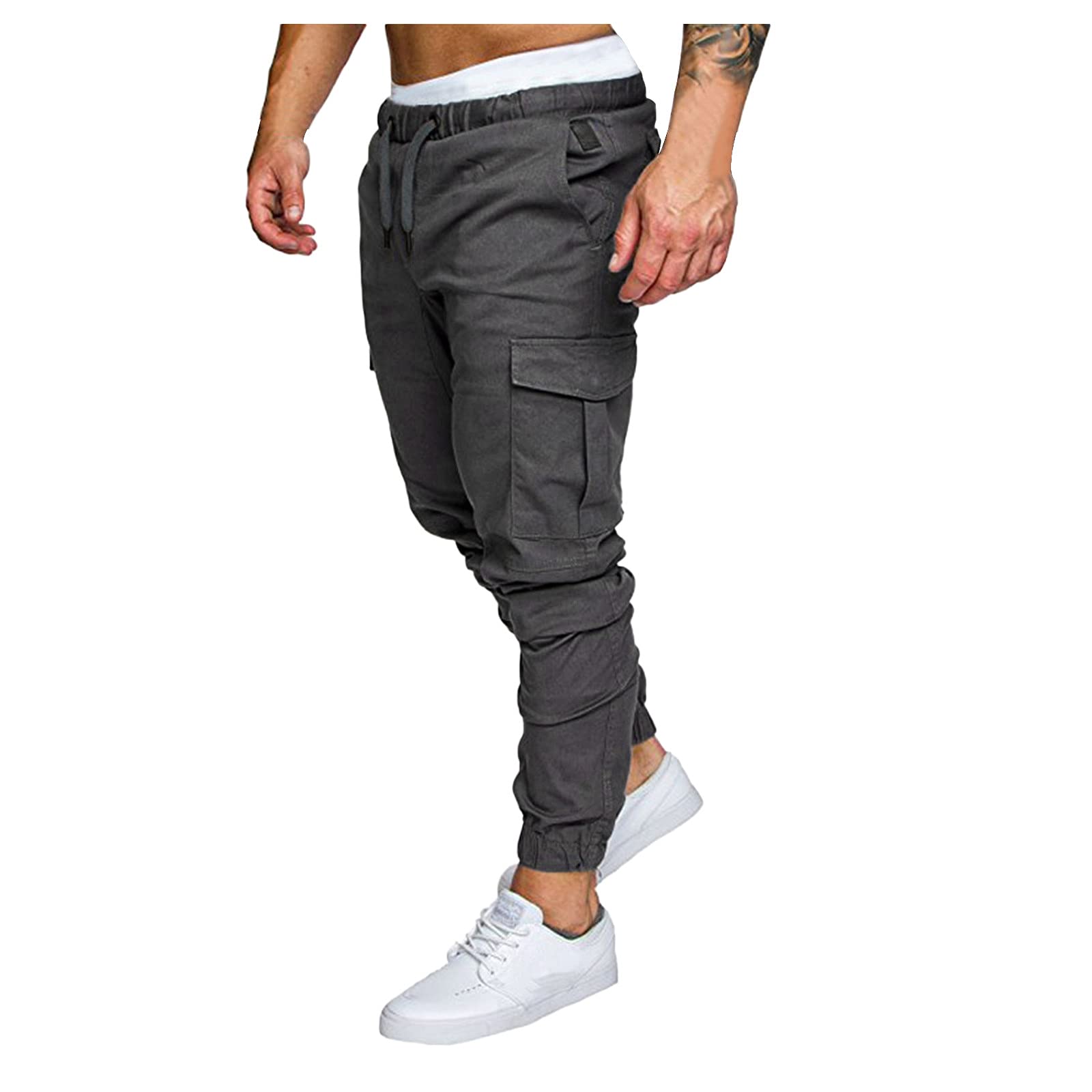 XUETON Men's Slim Fit Tapered Cargo Pants - Casual Chino Joggers with Pockets & Drawstring - Gray Work Trousers for Office, Travel & Outdoor Activities