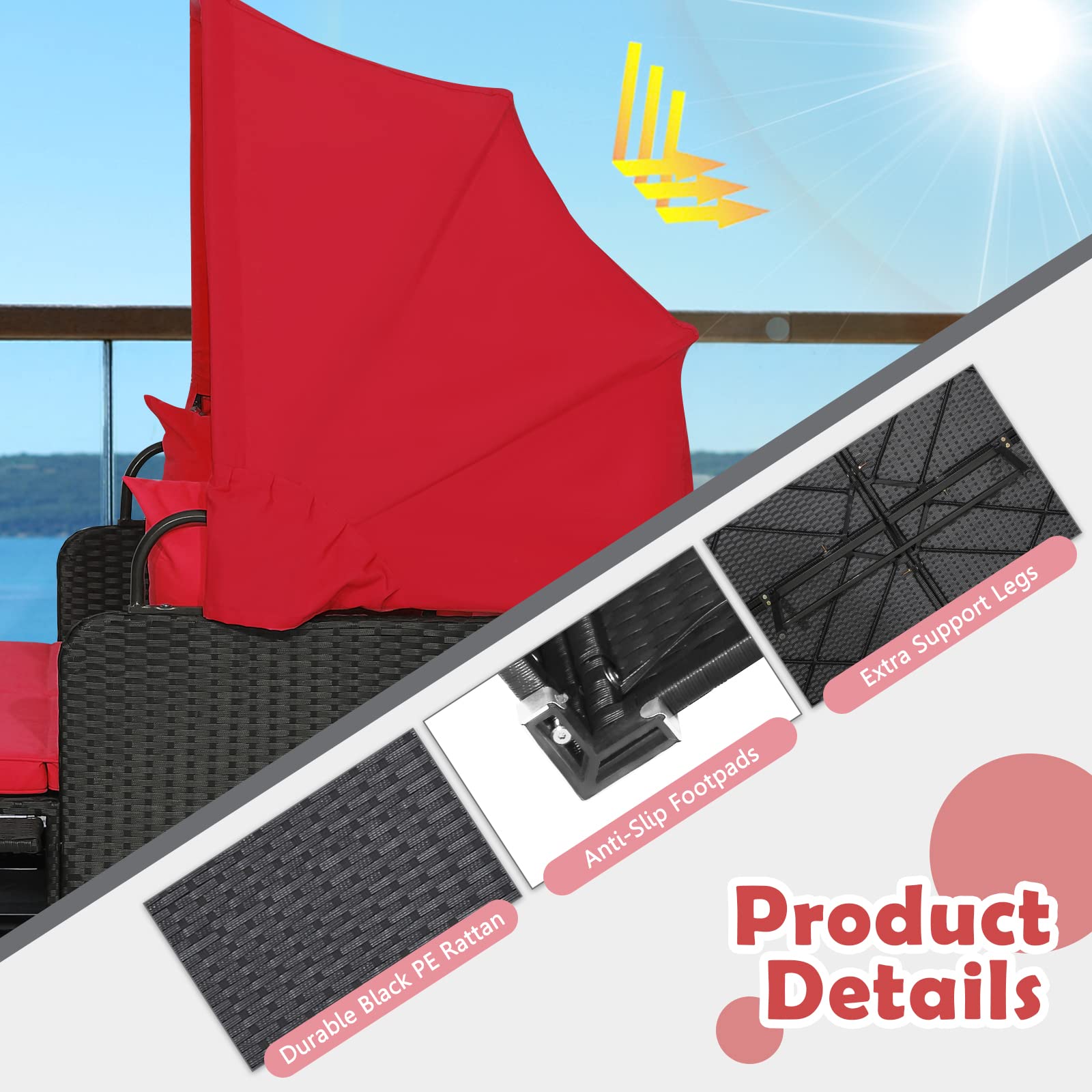 Tangkula Patio Rattan Daybed with Retractable Canopy - Outdoor Wicker Lounger with 2 Foldable Side Panels & Thick Cushions - Double Conversation Bed for Garden, Backyard, Porch (Red) - Perfect for Sunbathing, Relaxing, and Outdoor Entertaining