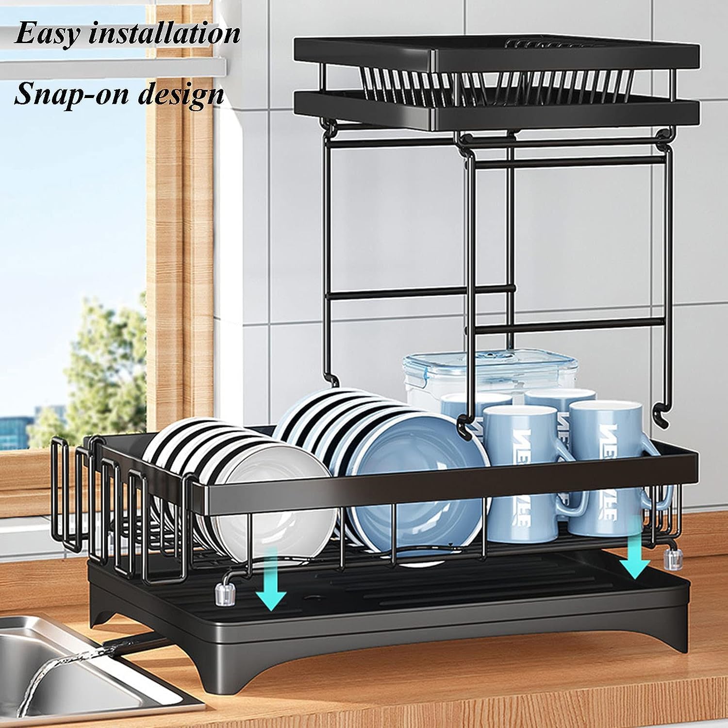2-Tier Large Dish Drying Rack for Kitchen Counter with Utensil Holder & Drainboard - Space Saving Dish Drainer with Cup Holders - Perfect for Small Kitchens, Apartments & RVs - Black