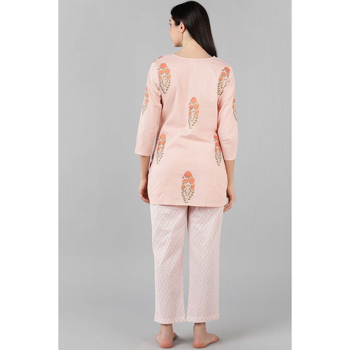 Soft Pink Cotton Striped Nightwear Set for Women - Cozy Sleepwear & Loungewear for Relaxing at Home