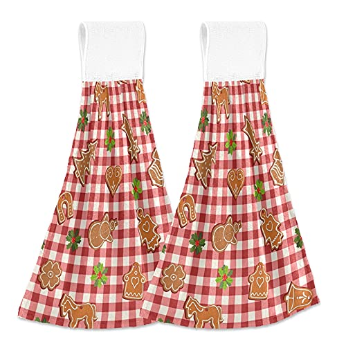 Christmas Gingerbread Holly Kitchen Oven Towels - 2 Pack Red Tartan Plaid Super Absorbent Dishcloths with Hanging Loop | Holiday Baking & Dish Drying Towels for Kitchen, Tea Bar, Bathroom & Tabletop Decor