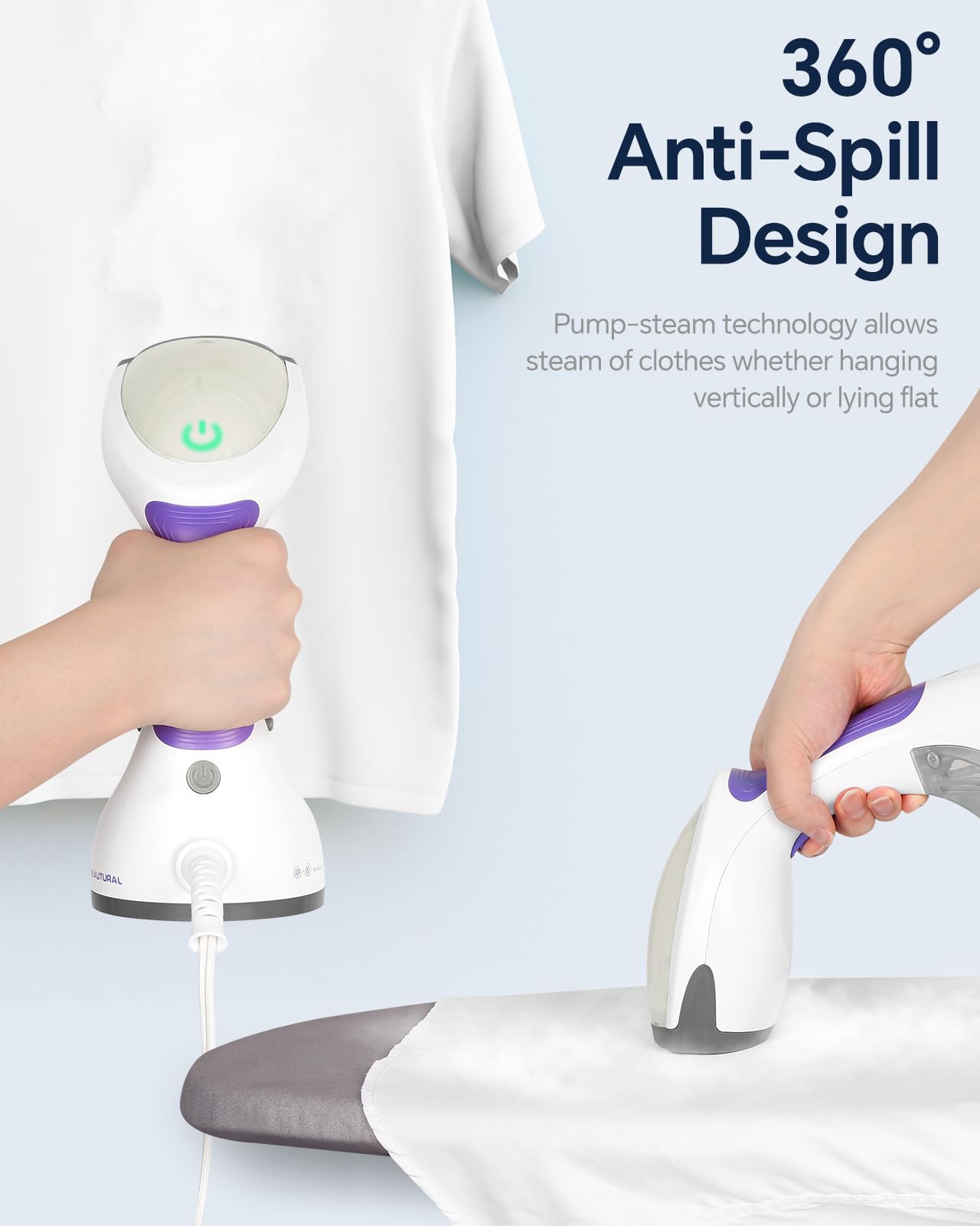 BEAUTURAL Portable Handheld Steamer for Clothes - 30-Second Fast Heat-up Fabric Wrinkle Remover with Large Detachable Water Tank & Auto-Off - Perfect for Travel, Home, and Office Use