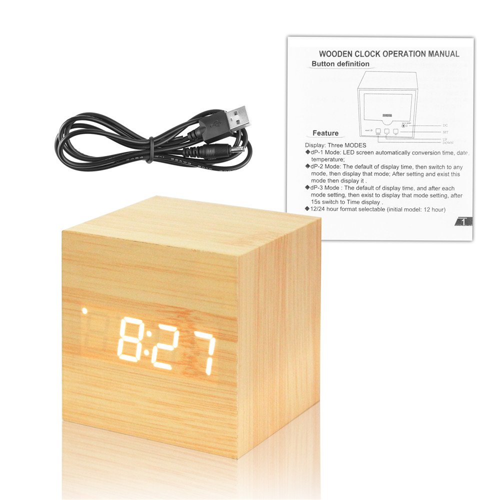 Smart Digital Alarm Clock with LED Display - Wooden Cube Design, Shows Time, Date & Temperature - Perfect for Kids, Bedroom, Home, Dorm & Travel - Ideal for Nightstands, Desks & Gift Giving (AC10 Yellow/White)