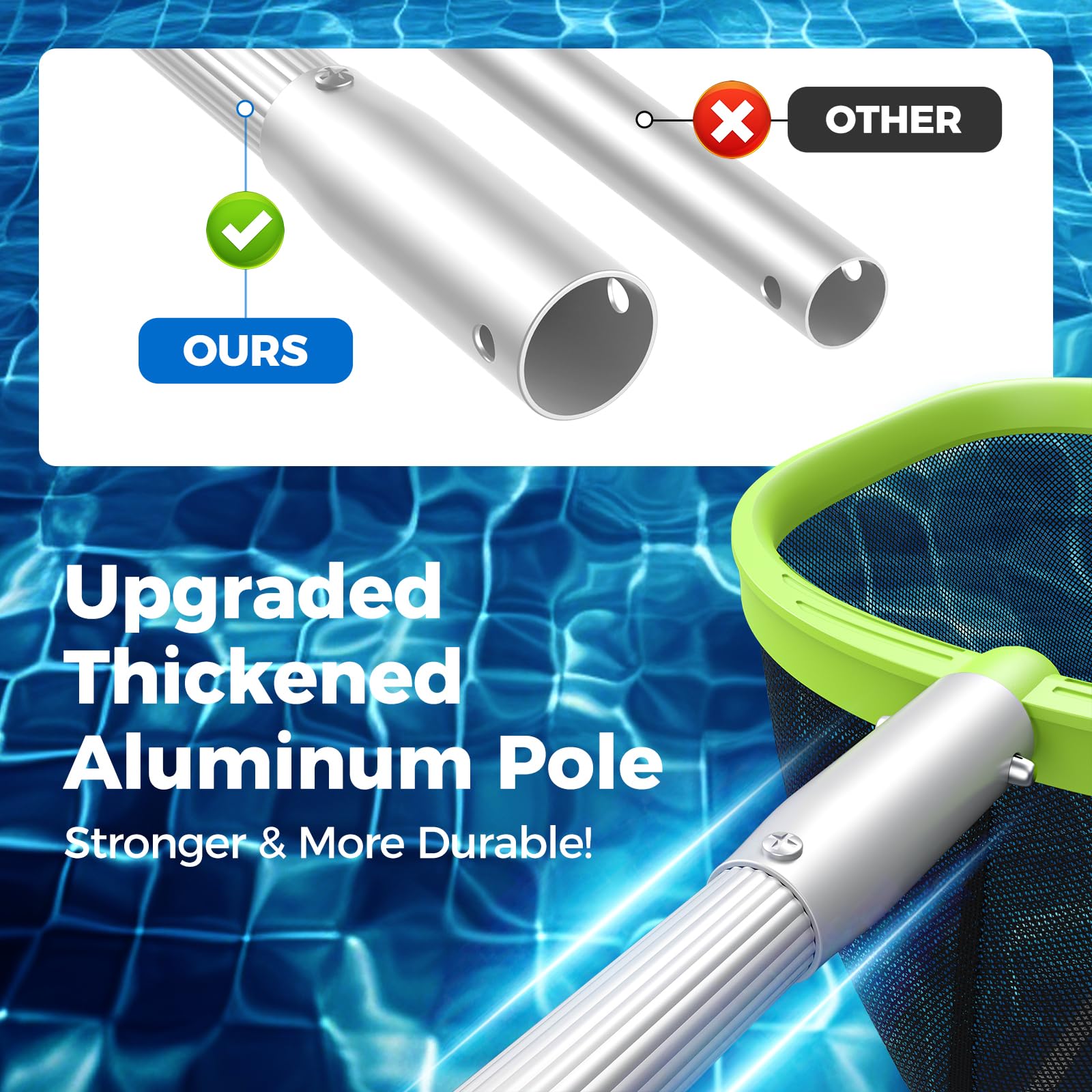 Upgraded 6-Foot Pool Skimmer Net with Telescopic Aluminum Pole - Fast Cleaning for Swimming Pools, Hot Tubs, Spas & Ponds - Durable Pool Cleaner Accessories (Perfect for Backyard Maintenance & Quick Debris Removal)