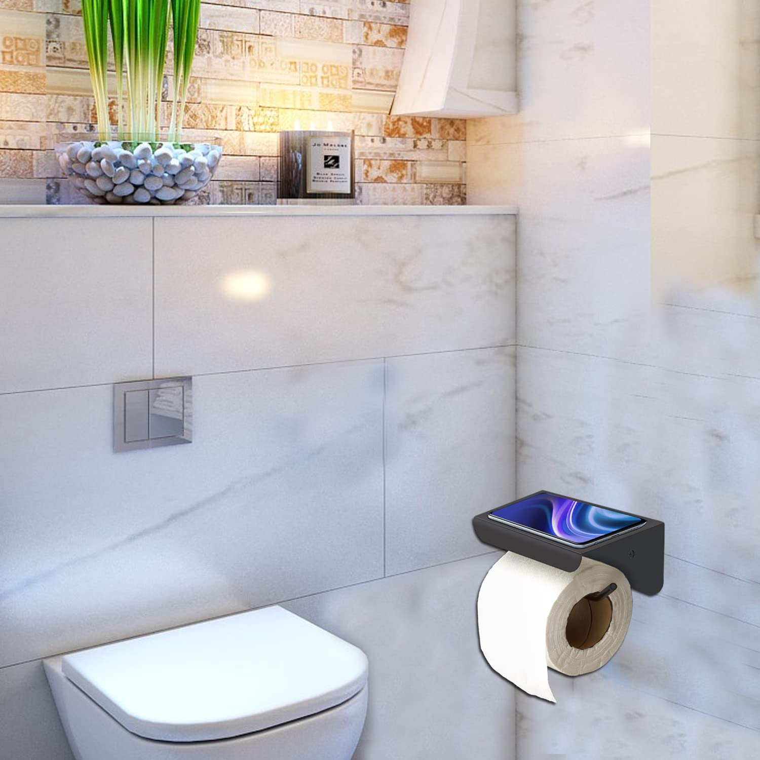 SmartSlide Stainless Steel Toilet Paper Holder with Shelf - Wall Mounted Bathroom Tissue Roll Holder with Phone Stand | Space-Saving Organizer for Small Bathrooms, Powder Rooms & RVs