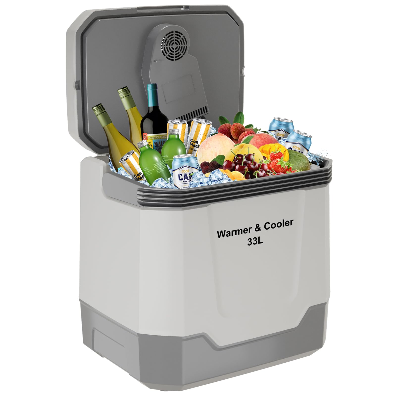 35 Quart (33L) Portable Electric Cooler & Warmer - 12V/110V Dual-Power Car Refrigerator with Auto-Locking Handle | Perfect for Road Trips, Camping & Home Use | Grey