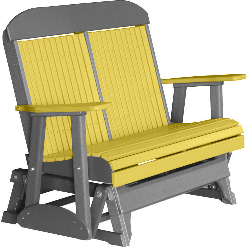 LuxCraft 4 ft. Yellow Recycled Plastic Highback Outdoor Glider Bench - Durable & Eco-Friendly Patio Seating for Garden, Porch, and Backyard Relaxation