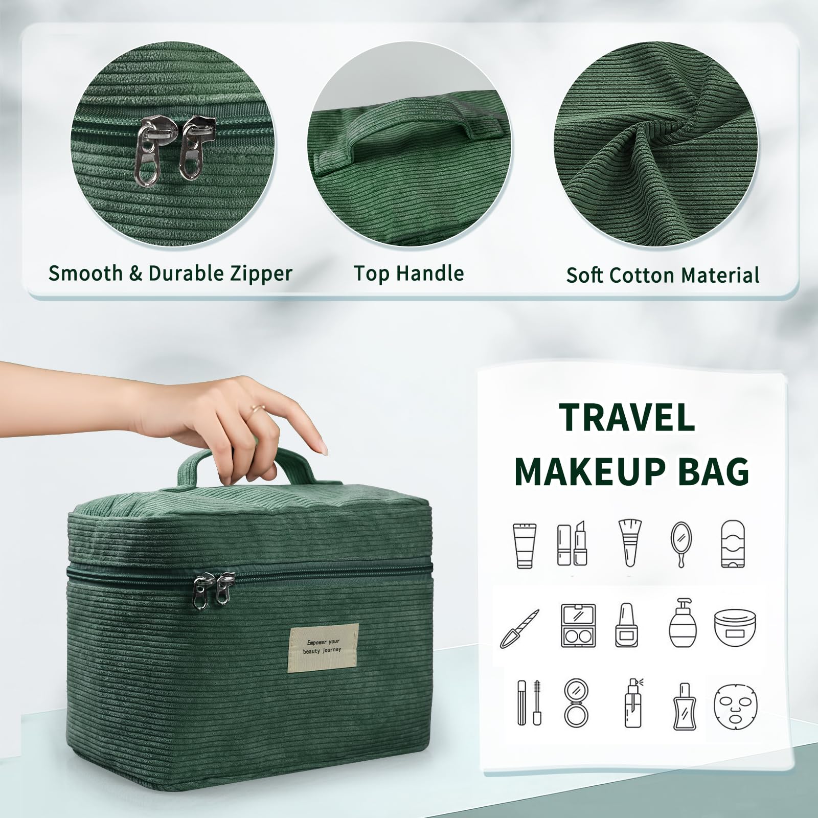 4 Pcs Corduroy Makeup Bags for Women - Aesthetic Cute Cosmetic Bags Set with Zipper, Multi-Size Travel Toiletry Organizer Pouch (Green) | Perfect for Travel, Gym, Daily Use & Gift Giving