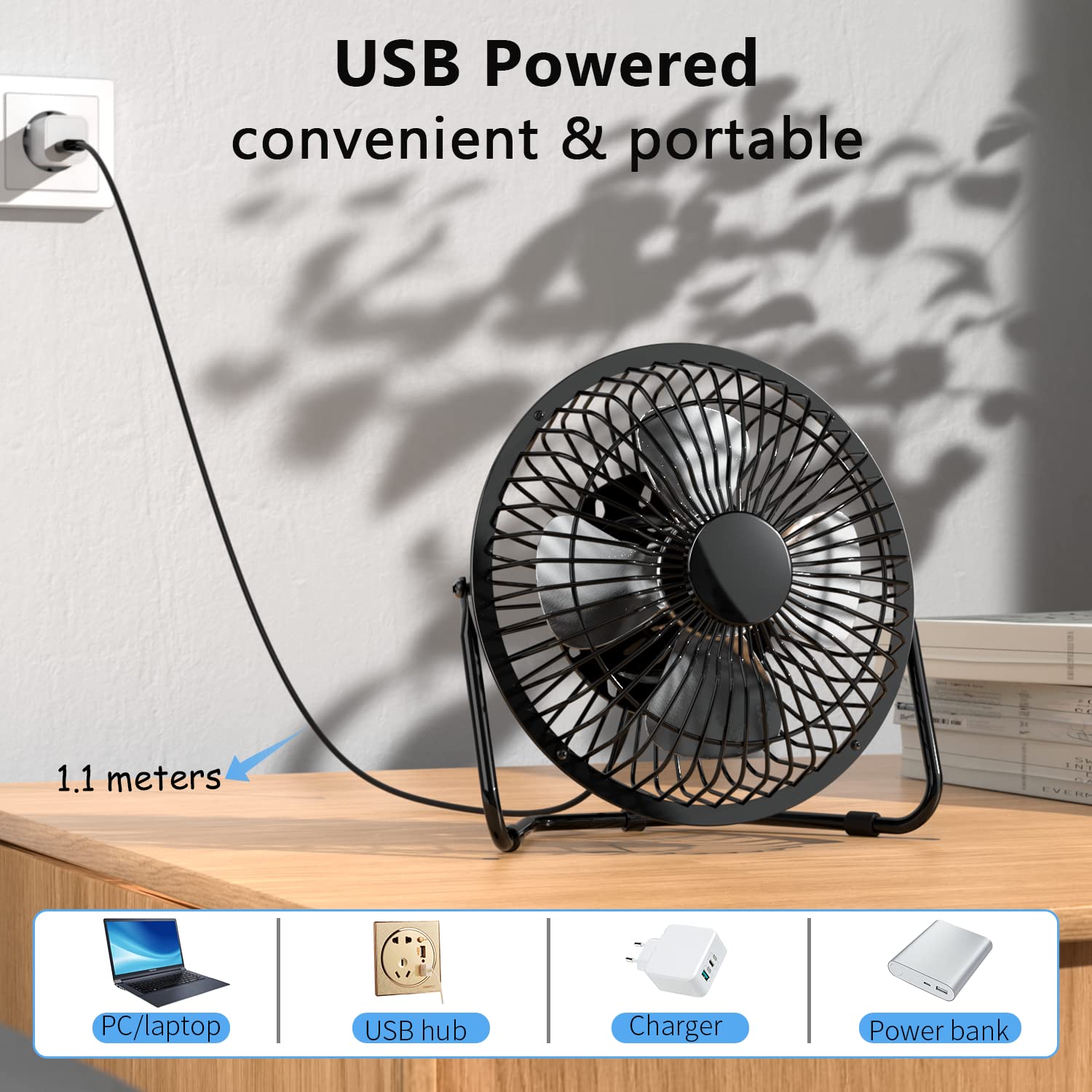 Zuvas 4 Inch USB Desk Fan - Quiet Small Portable Table Fan with 360° Rotation & 2 Speed Settings - Mini Personal Cooling Fan for Home, Office, Bedroom, Travel, Camping - Perfect for Work Desks, Nightstands, and Outdoor Adventures (Black)