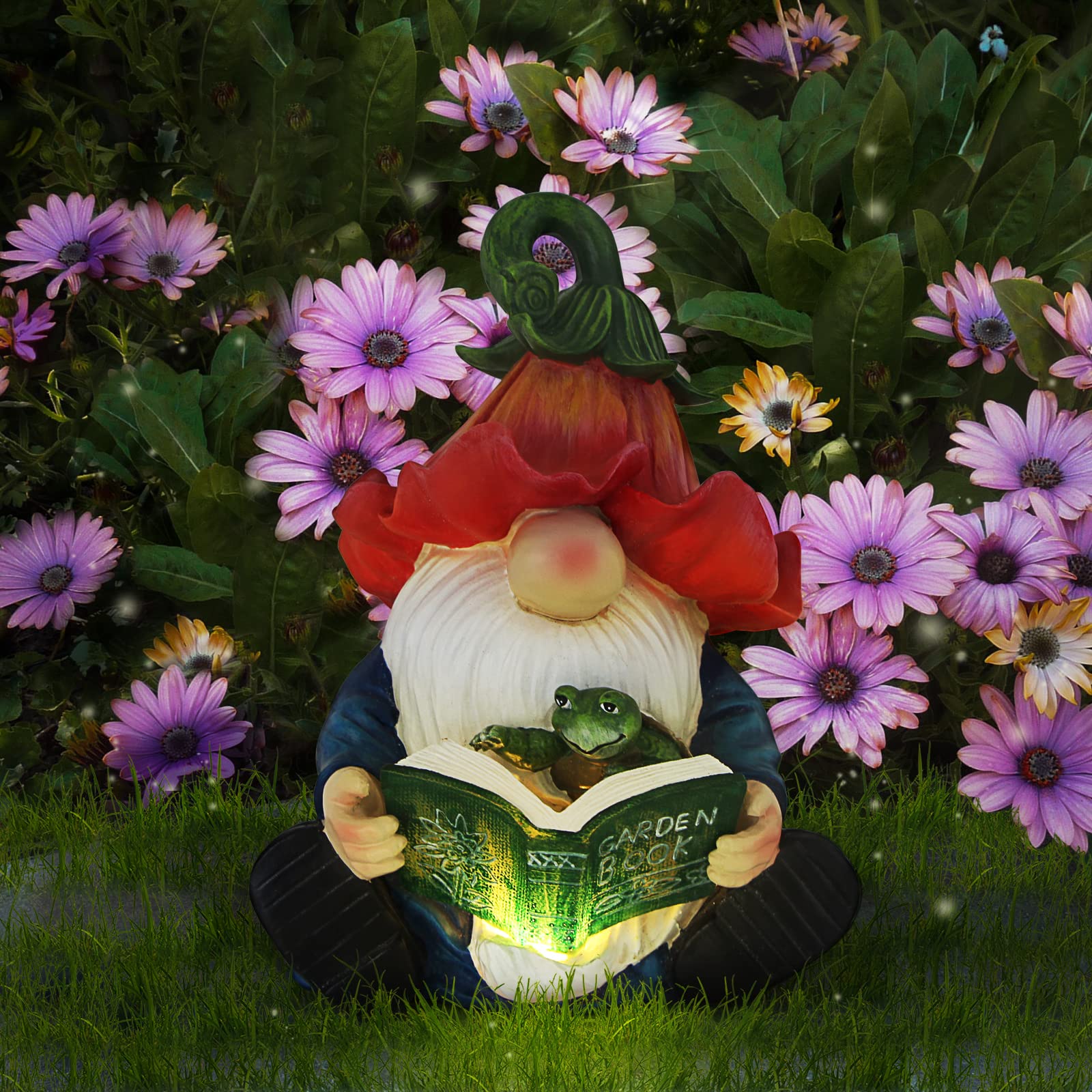 Solar LED Garden Gnome Statue - Resin Gnome Figurine Hugging Turtle Reading Book, Outdoor Decor for Patio, Yard, Lawn & Porch - Perfect Summer Garden Ornament Gift for Nature Lovers & Book Enthusiasts
