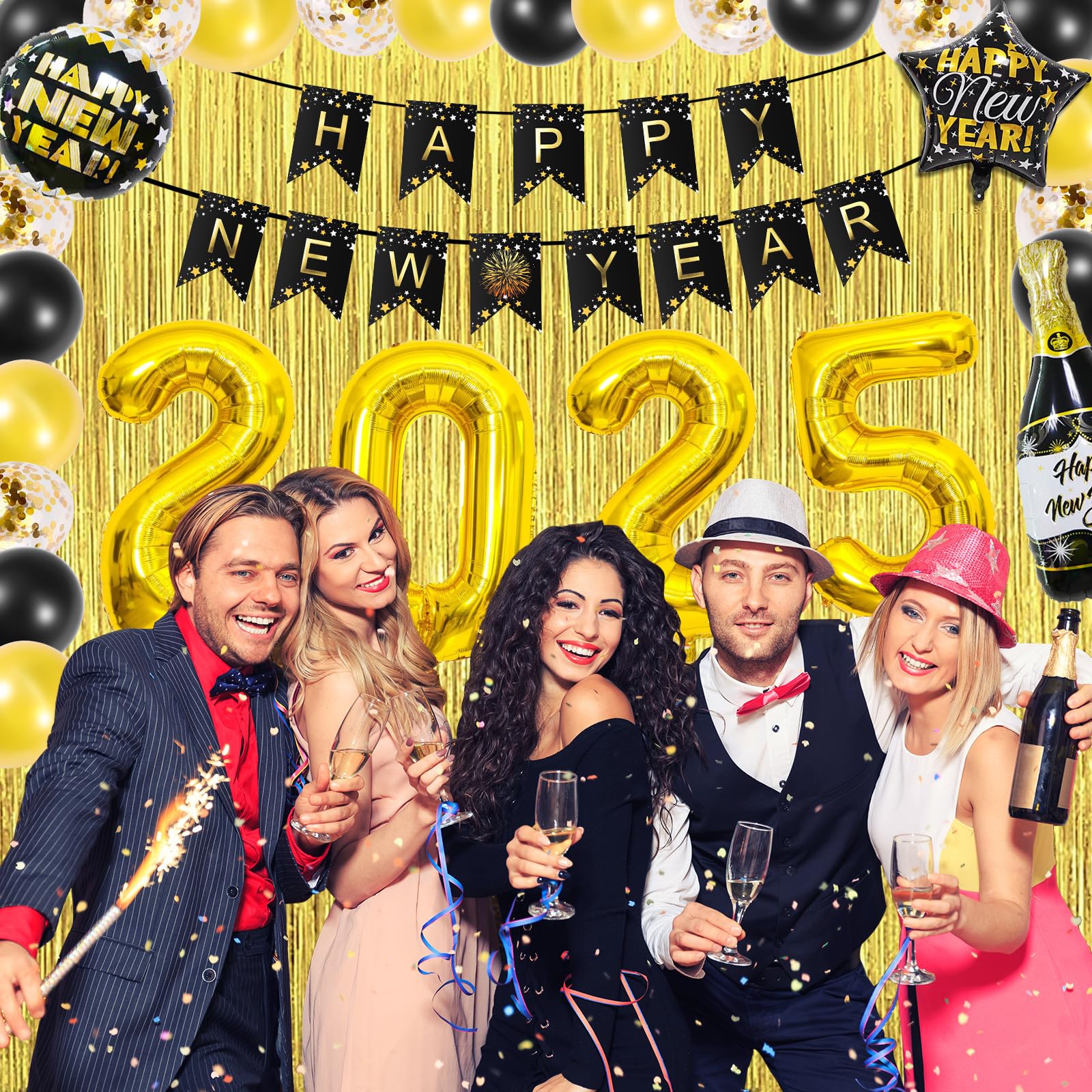 2025 New Year's Eve Party Decorations - Black & Gold NYE Party Supplies for Countdown & Celebration | Happy New Year 2025 Decor for Home, Office & Ballroom Parties