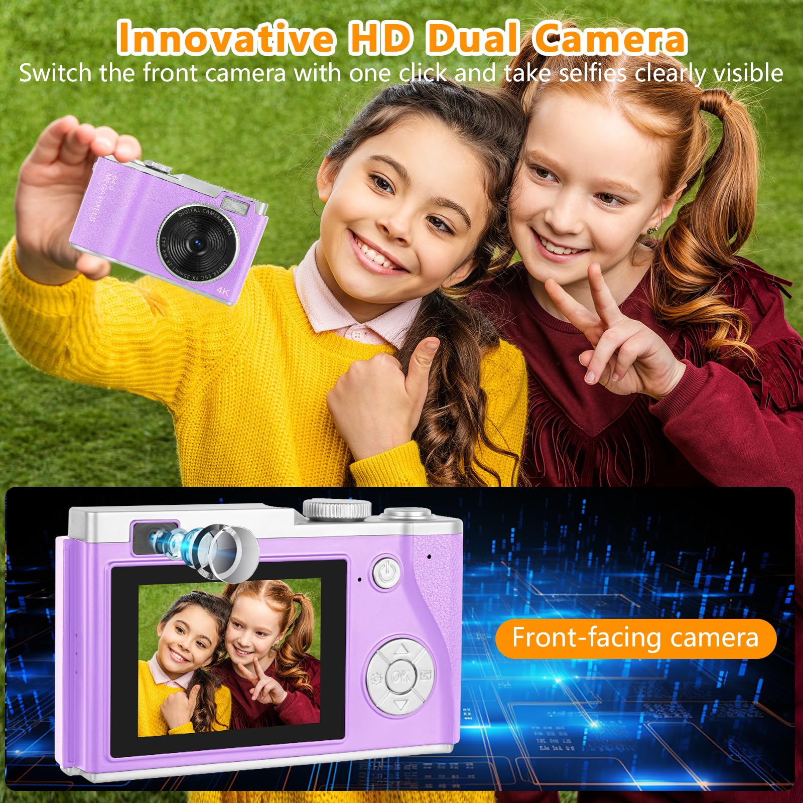 Niaazi 4K Digital Camera with Autofocus - 1080P HD Video Camcorder, Dual Front & Rear Cameras, 2.7
