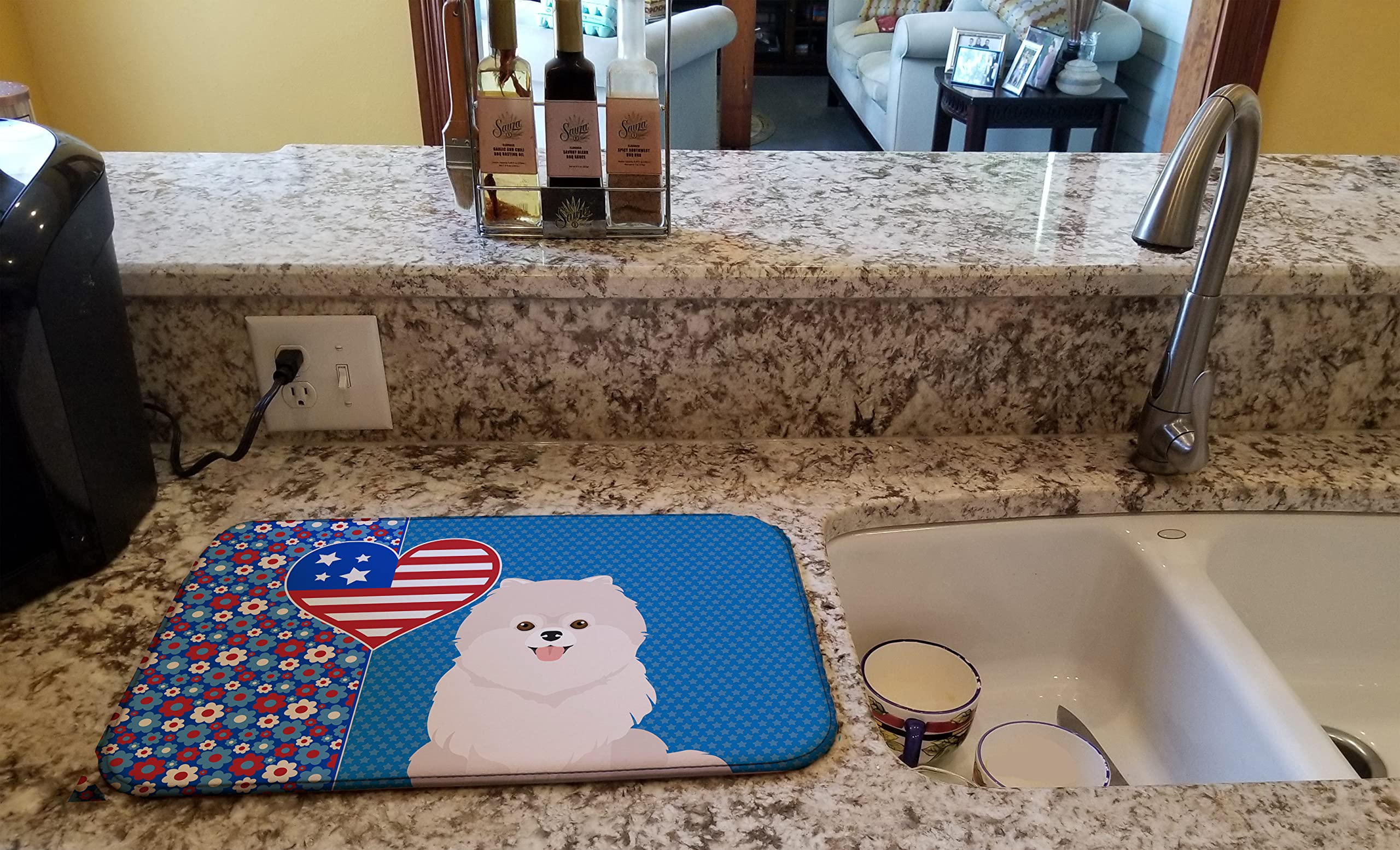 White Pomeranian Dish Drying Mat - Absorbent Kitchen Counter Pad (14x21