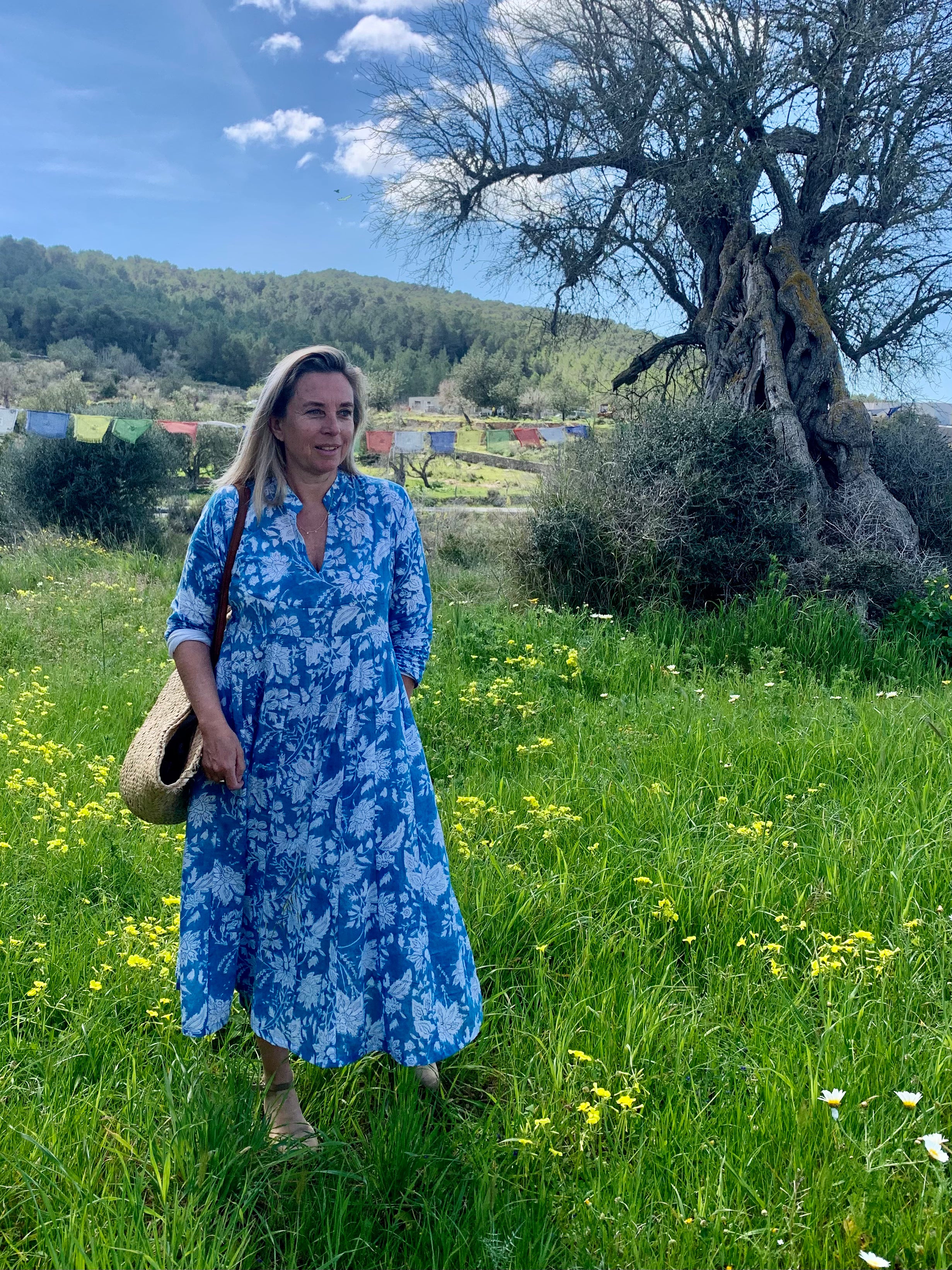Anarkali Ibiza Blue Hand Block Print Boho Tunic Kaftan Dress - Perfect for Beach Vacations, Summer Parties & Boho Chic Outfits