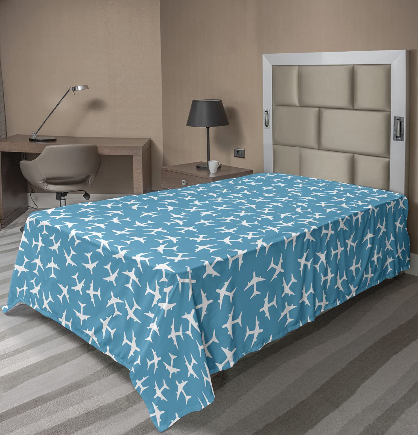Ambesonne Airplane Twin Flat Sheet – Soft Travel-Themed Monochrome Aircraft Design, Comfortable Decorative Bedding for Home & Dorm (Sea Blue & White) – Perfect for Aviation Enthusiasts & Travel Lovers