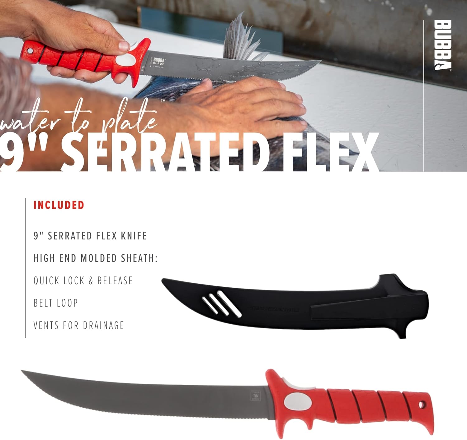 Bubba 9-Inch Serrated Flex Knife with Non-Slip Grip Handle & Sheath - Perfect for Fishing, Hunting, and Outdoor Survival Gear