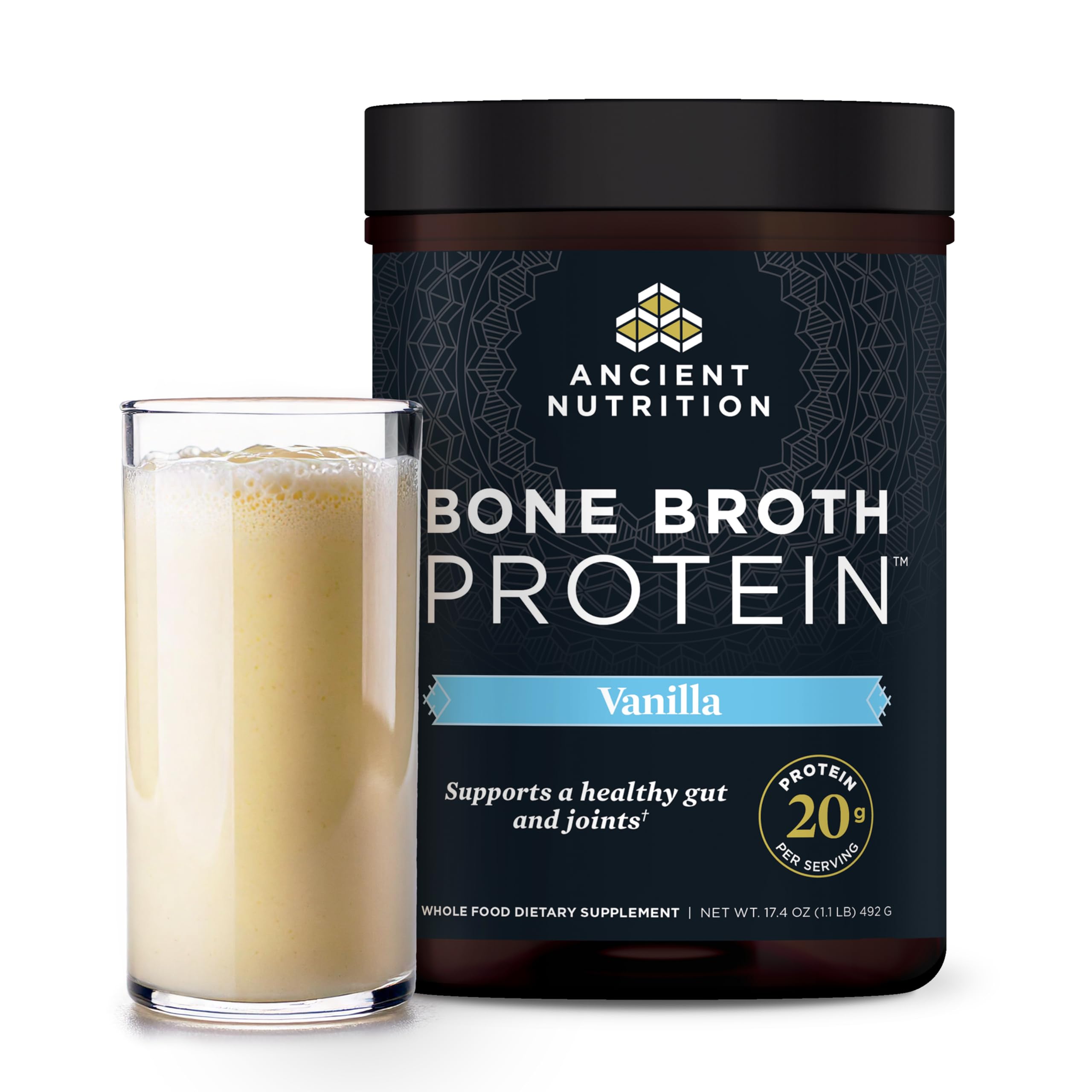 Ancient Nutrition Grass Fed & Cage Free Bone Broth Protein Powder - 20g Protein Per Serving with Hydrolyzed Collagen Peptides, Glucosamine & Chondroitin - Supports Joint & Gut Health - Vanilla Flavor (20 Servings) - Ideal for Post-Workout Recovery, Keto Diet & Immune System Boost