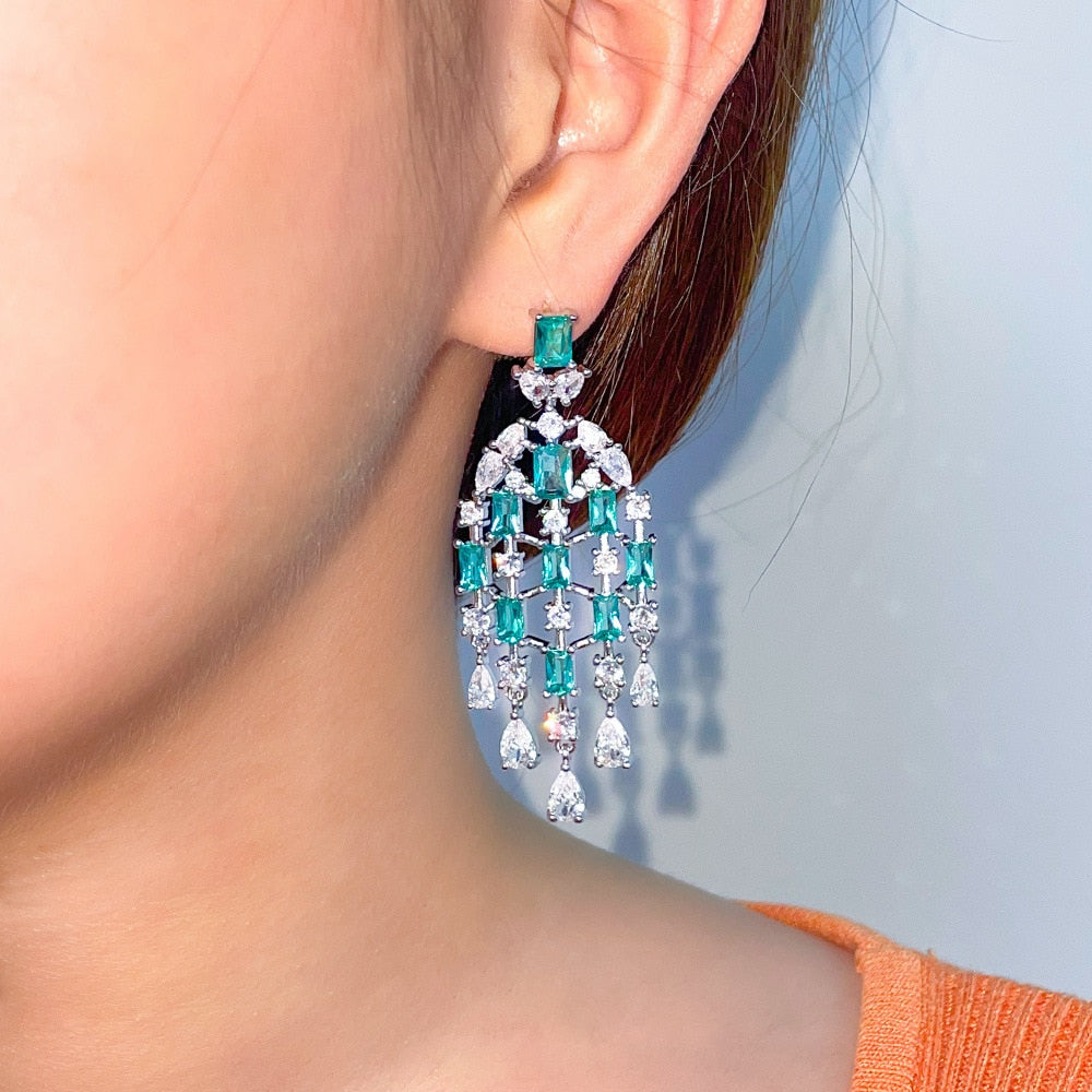 Elegant Cubic Zirconia CZ Chandelier Dangle Earrings for Women - Wedding, Party & Evening Wear Jewelry - Perfect for Bridal, Prom & Special Occasions - SZE0534