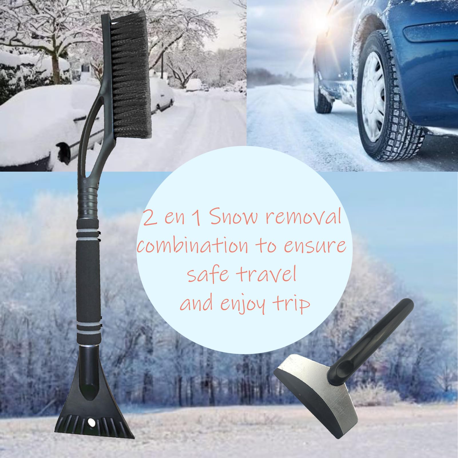 Huiyuenuo 2-in-1 Car Ice Scraper and Snow Brush with Broom - Heavy Duty Windshield Snow Removal Tool for Winter Car Cleaning (Perfect for Trucks, SUVs and Sedans)