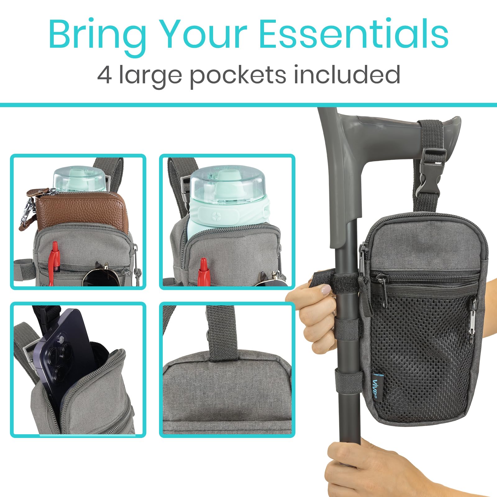 **Vive Forearm Crutch Bag - Lightweight & Waterproof Storage Pouch for Crutches with Mesh Pocket - Universal Crutch Accessories Organizer for Daily Essentials - Perfect for Travel, Hiking & Mobility Support**