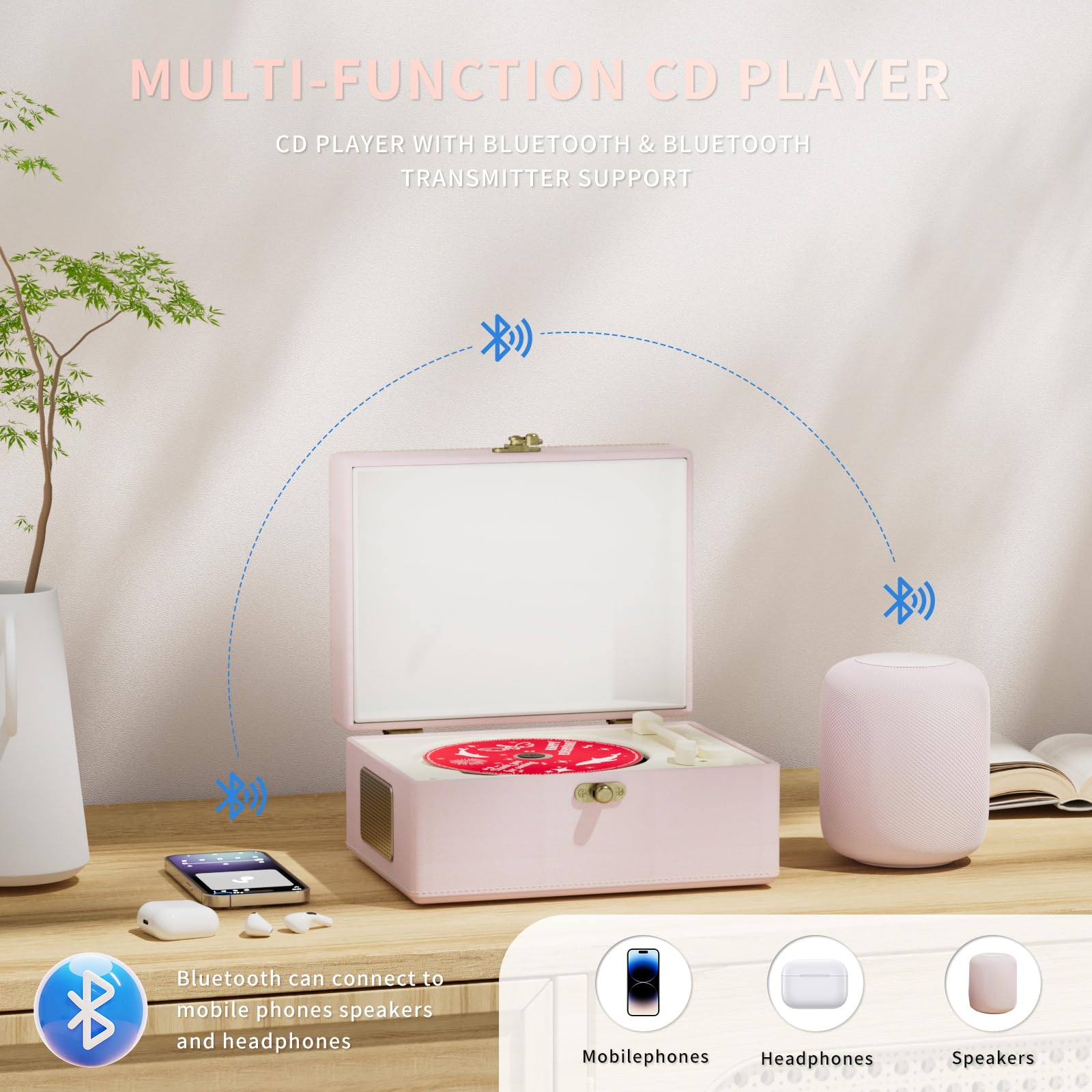 Time Music Box CD Player with Bluetooth & Speakers - Wireless Audio Transmitter for Home, Office, or Party | Perfect Gift for Music Lovers & Home Decor (Pink)