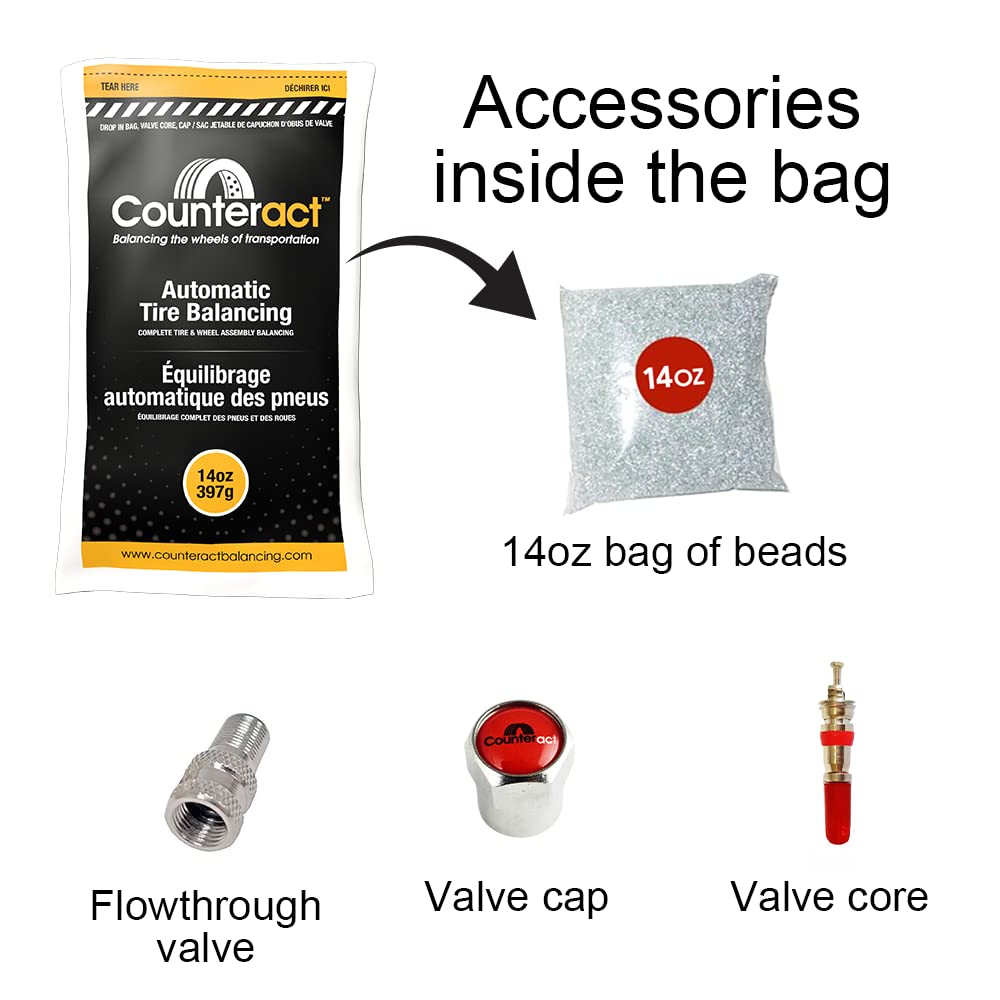 Counteract 14OZ-B12 Centrifugal Force Tire/Wheel Balancing Beads - Perfect for Off-Road Vehicles & Light Duty Trucks | 12 Pack 14oz Balance Bead Bags with Valve Cores & Caps | Improve Ride Smoothness & Reduce Tire Wear for Highway & Off-Road Adventures