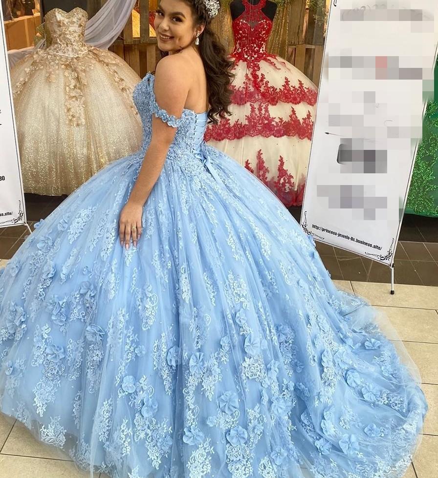 Elegant Light Blue Ball Gown Quinceanera Dress with 3D Floral Lace Appliques - Sweet 16 Birthday Party Dress for Teens | Perfect for Quinceañera, Debutante Balls & Formal Dances