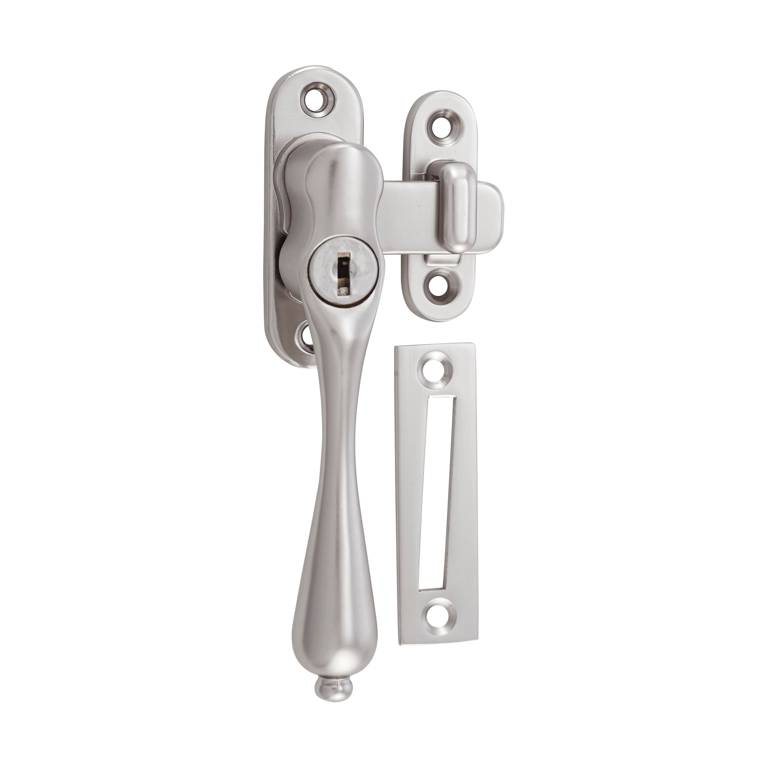 9804 Left Hand Satin Nickel Casement Window Lock - Teardrop Design (28x34mm, 115mm Drop) - Secure Sliding & Awning Windows for Home & Office