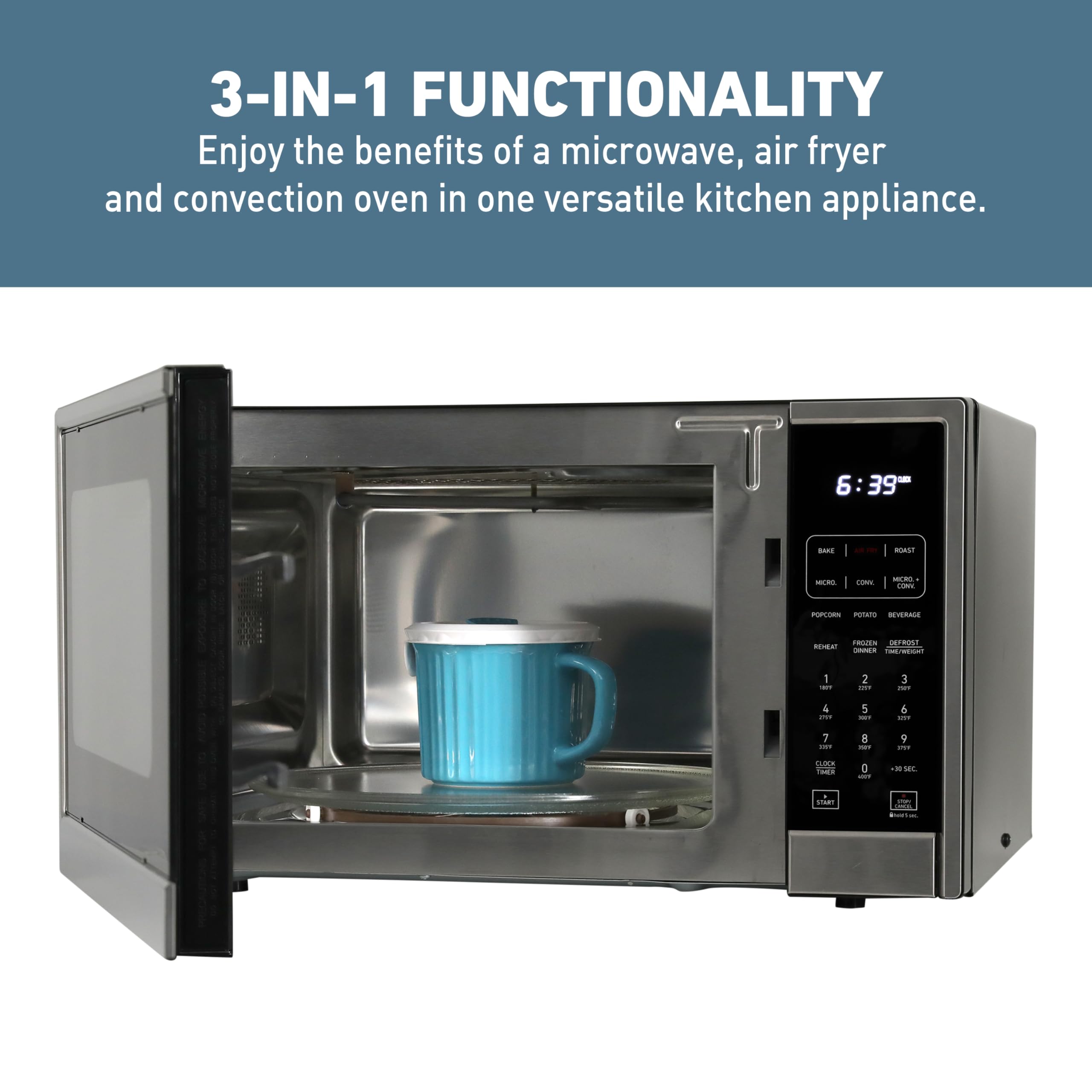 West Bend 3-in-1 Microwave Air Fryer Convection Oven - 1000W with 10 Power Levels, 12 Presets, Speed Defrost & Glass Turntable - 1.3 Cu. Ft Stainless Steel - Perfect for Small Kitchens, Dorms & Quick Healthy Meals